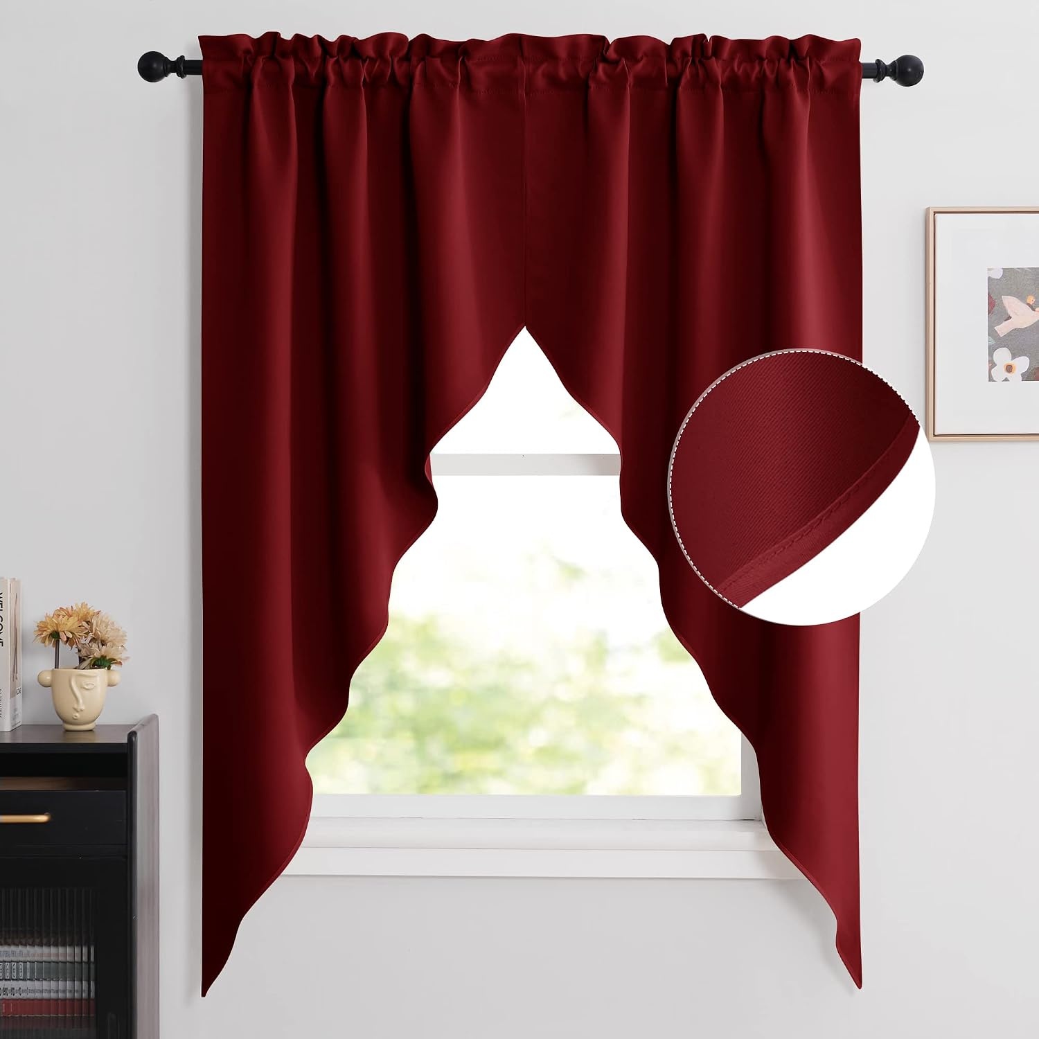 image:imageNICETOWN Blackout Window Treatment Pole Pocket Kitchen Tier Curtains Tailored Scalloped ValanceSwags for Living Room One Pair 36 Wide by 63inches Long Each Panel GreyBurgundy Red