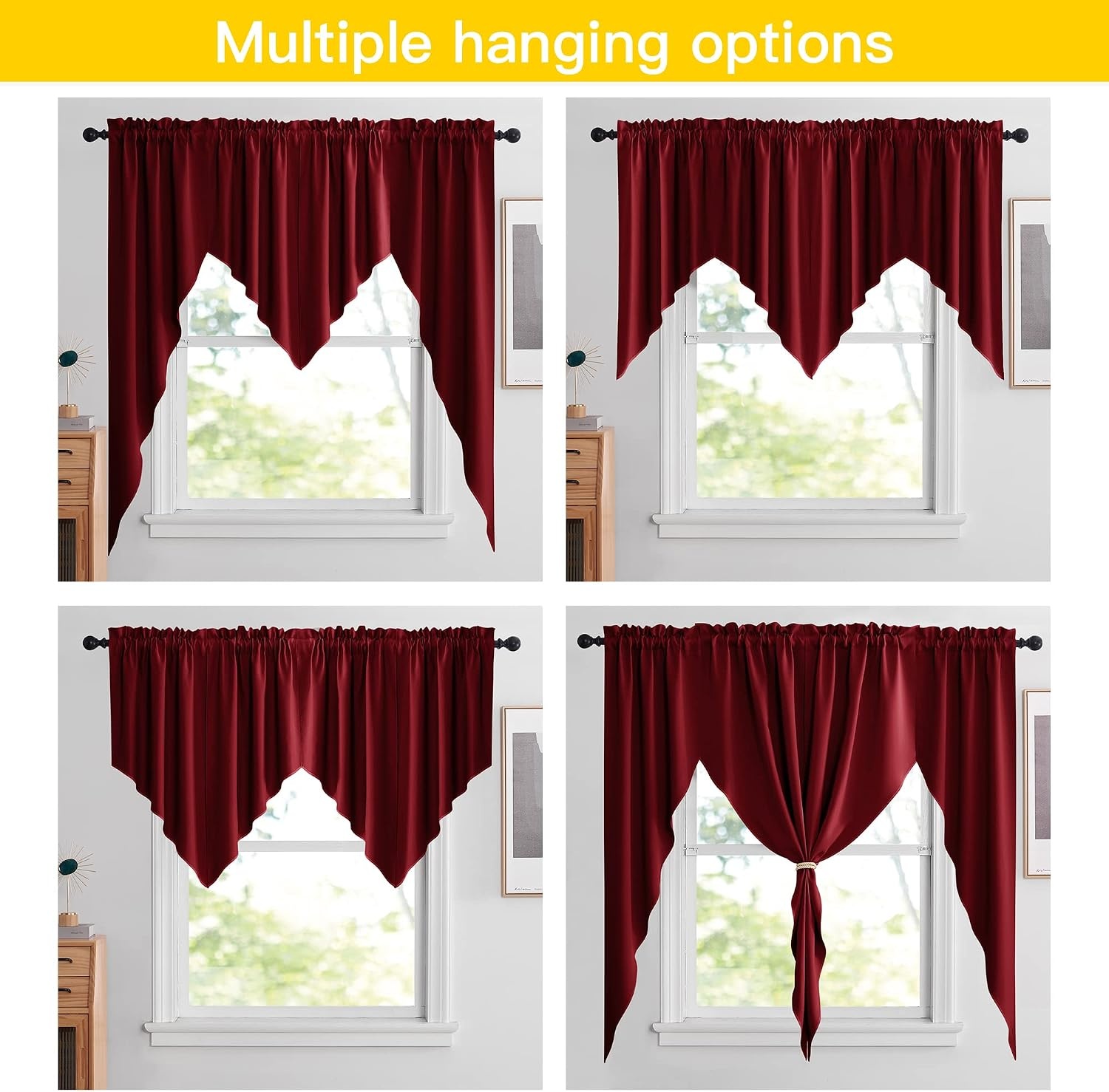 image:imageNICETOWN Blackout Window Treatment Pole Pocket Kitchen Tier Curtains Tailored Scalloped ValanceSwags for Living Room One Pair 36 Wide by 63inches Long Each Panel GreyBurgundy Red