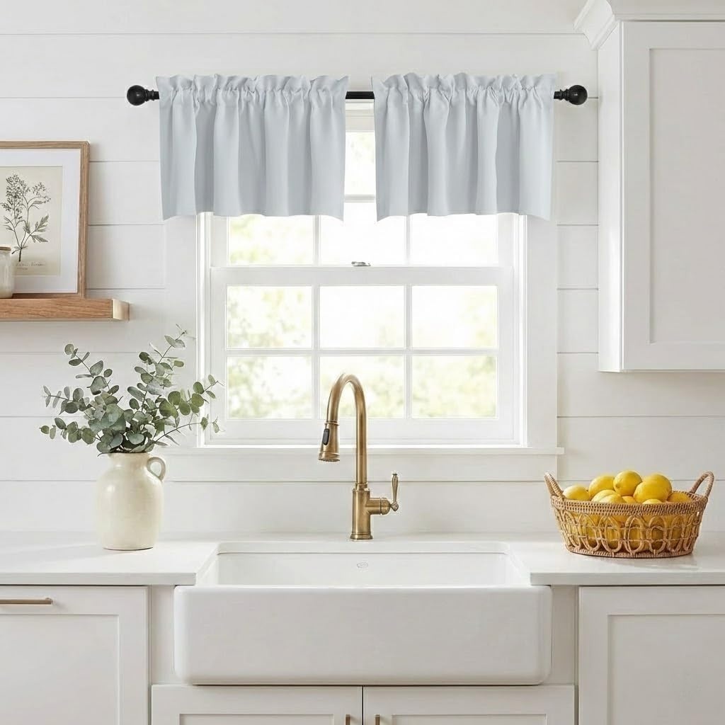 image:imageNICETOWN Blackout Window Treatment Pole Pocket Kitchen Tier Curtains Tailored Scalloped ValanceSwags for Living Room One Pair 36 Wide by 63inches Long Each Panel GreyGreyish White