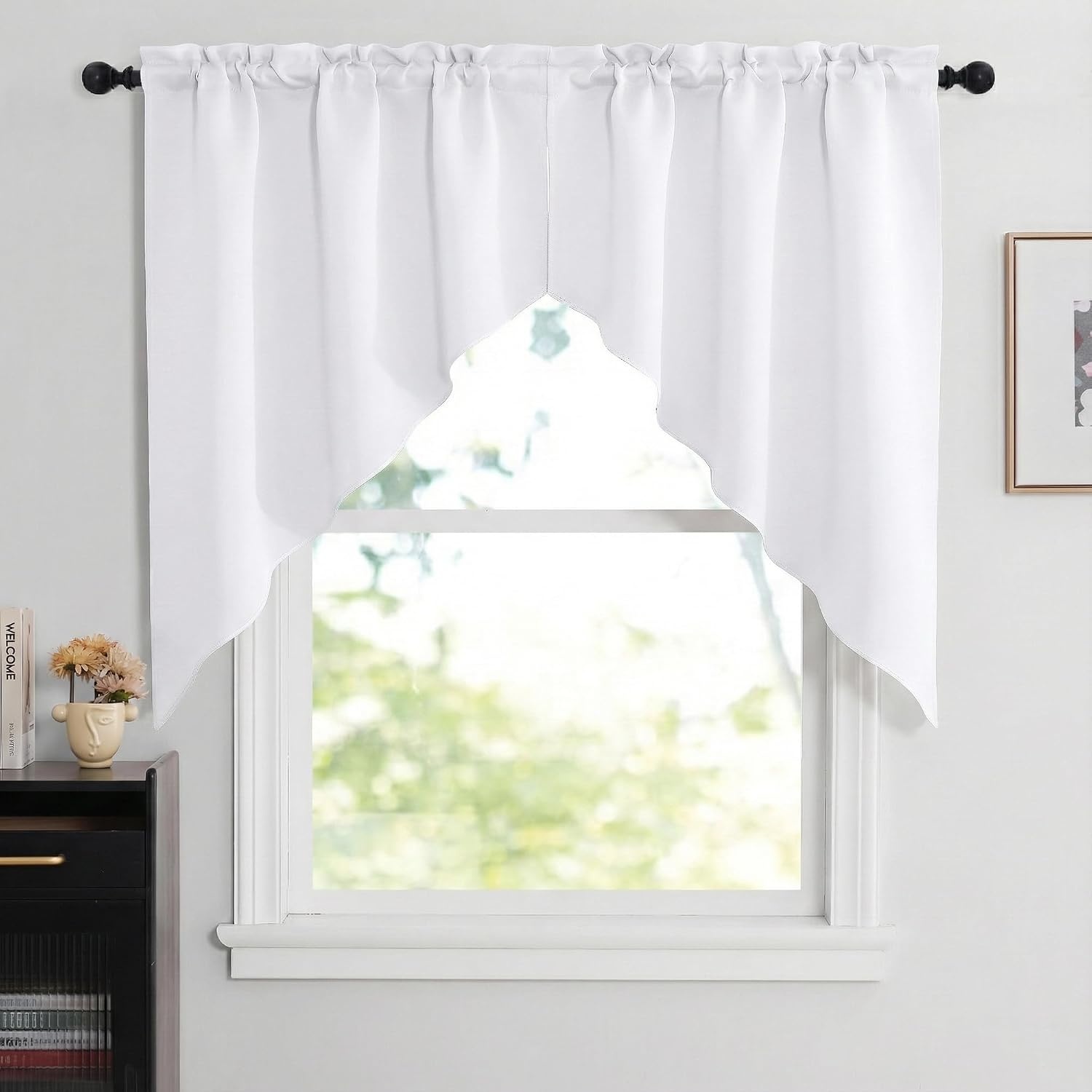 image:imageNICETOWN Blackout Window Treatment Pole Pocket Kitchen Tier Curtains Tailored Scalloped ValanceSwags for Living Room One Pair 36 Wide by 63inches Long Each Panel GreyPure White