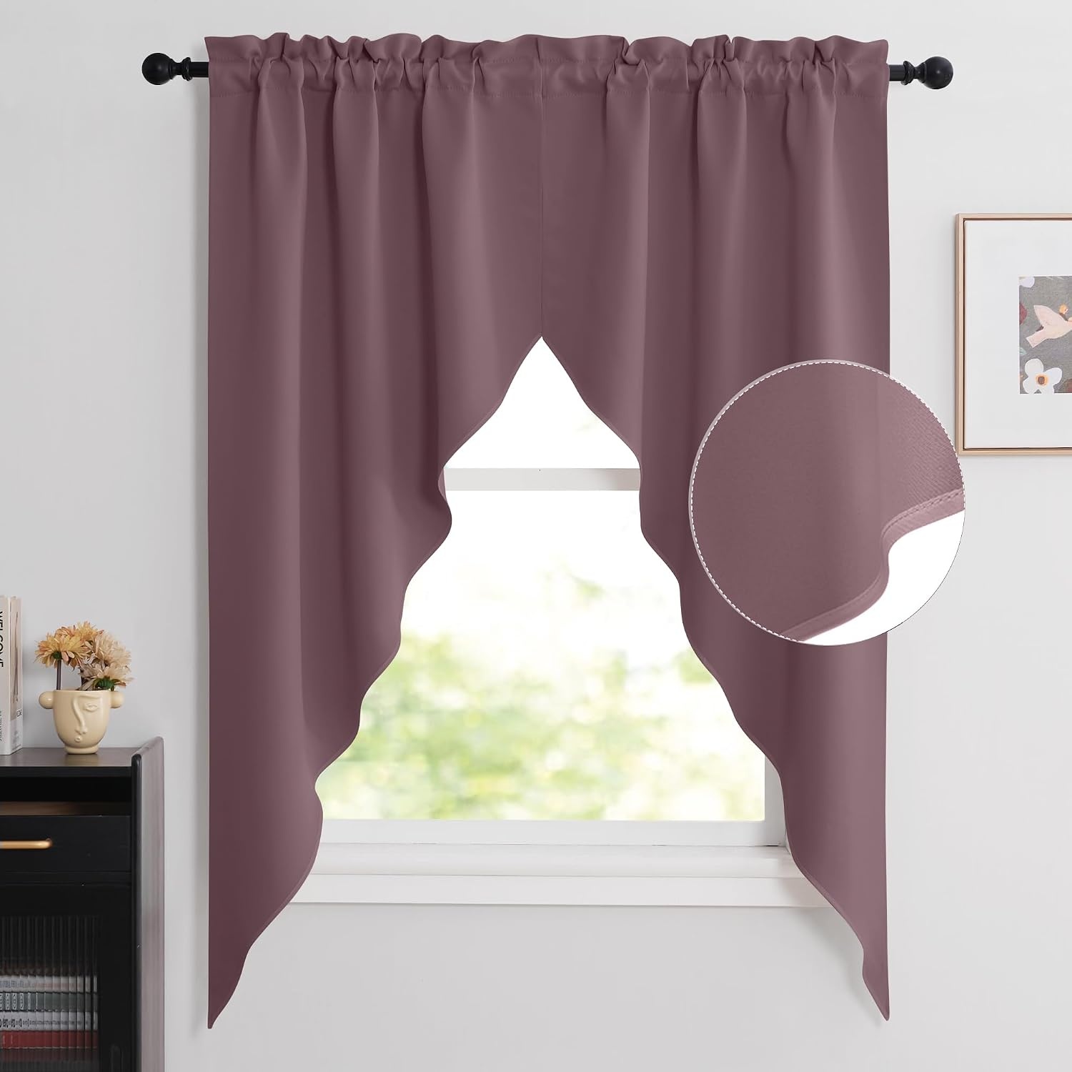 image:imageNICETOWN Blackout Window Treatment Pole Pocket Kitchen Tier Curtains Tailored Scalloped ValanceSwags for Living Room One Pair 36 Wide by 63inches Long Each Panel GreyDry Rose