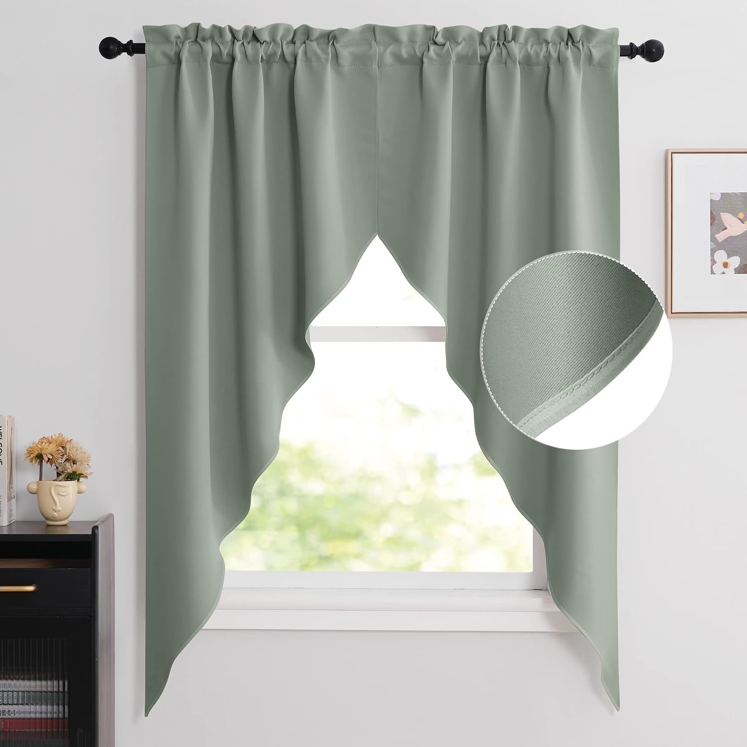 image:imageNICETOWN Blackout Window Treatment Pole Pocket Kitchen Tier Curtains Tailored Scalloped ValanceSwags for Living Room One Pair 36 Wide by 63inches Long Each Panel GreyGreyish Green
