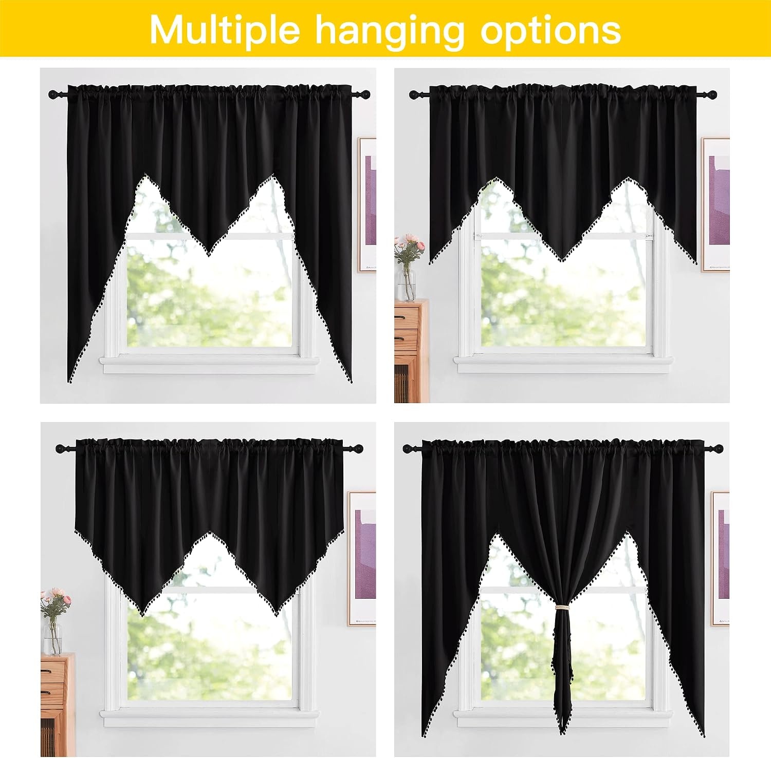 image:imageNICETOWN Blackout Window Treatment Pole Pocket Kitchen Tier Curtains Tailored Scalloped ValanceSwags for Living Room One Pair 36 Wide by 63inches Long Each Panel GreyPom Pomblack