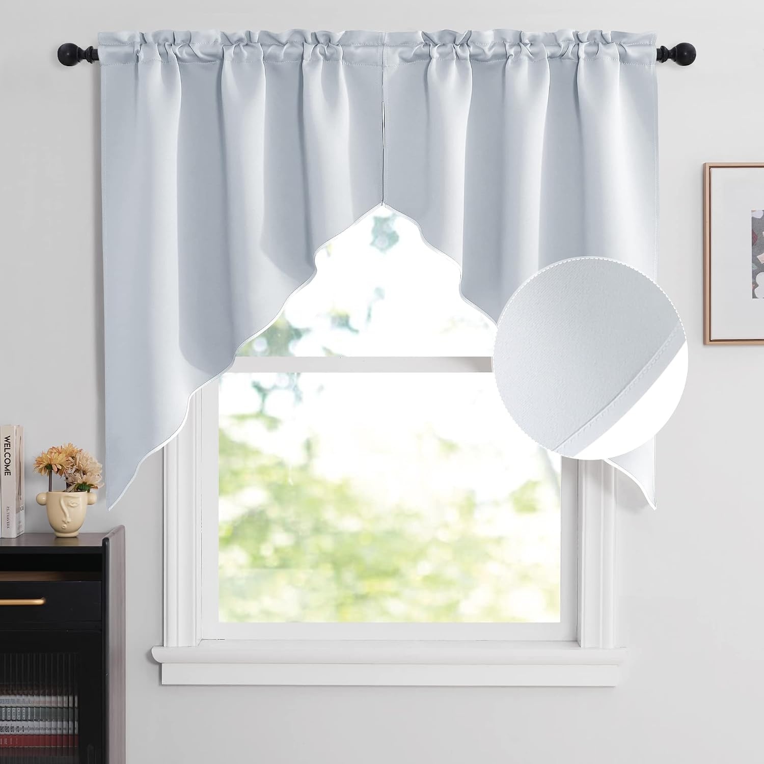image:imageNICETOWN Blackout Window Treatment Pole Pocket Kitchen Tier Curtains Tailored Scalloped ValanceSwags for Living Room One Pair 36 Wide by 63inches Long Each Panel GreyGreyish White