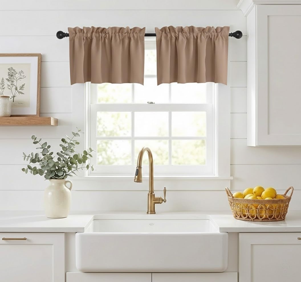 image:imageNICETOWN Blackout Window Treatment Pole Pocket Kitchen Tier Curtains Tailored Scalloped ValanceSwags for Living Room One Pair 36 Wide by 63inches Long Each Panel GreyCappuccino