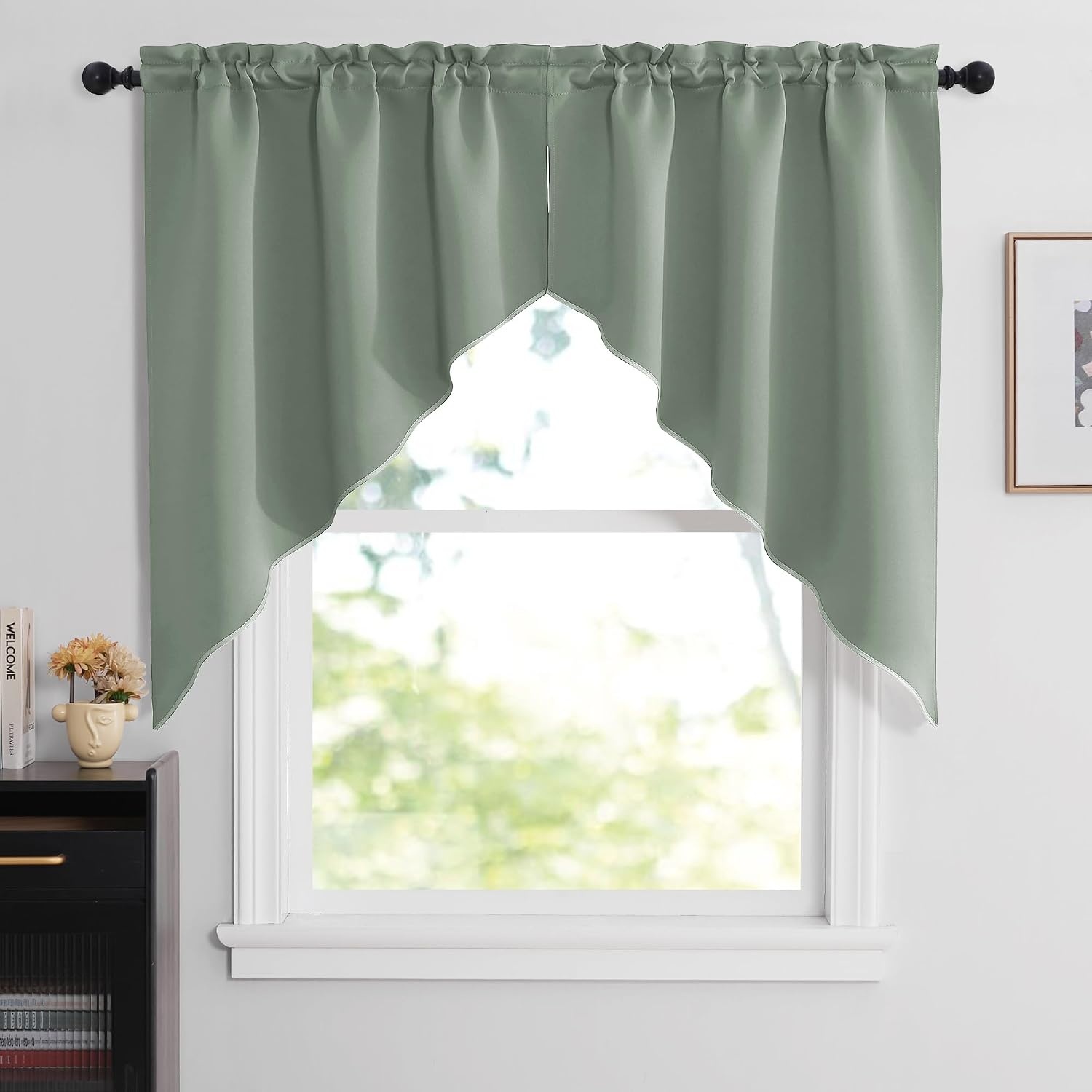 image:imageNICETOWN Blackout Window Treatment Pole Pocket Kitchen Tier Curtains Tailored Scalloped ValanceSwags for Living Room One Pair 36 Wide by 63inches Long Each Panel GreyGreyish Green