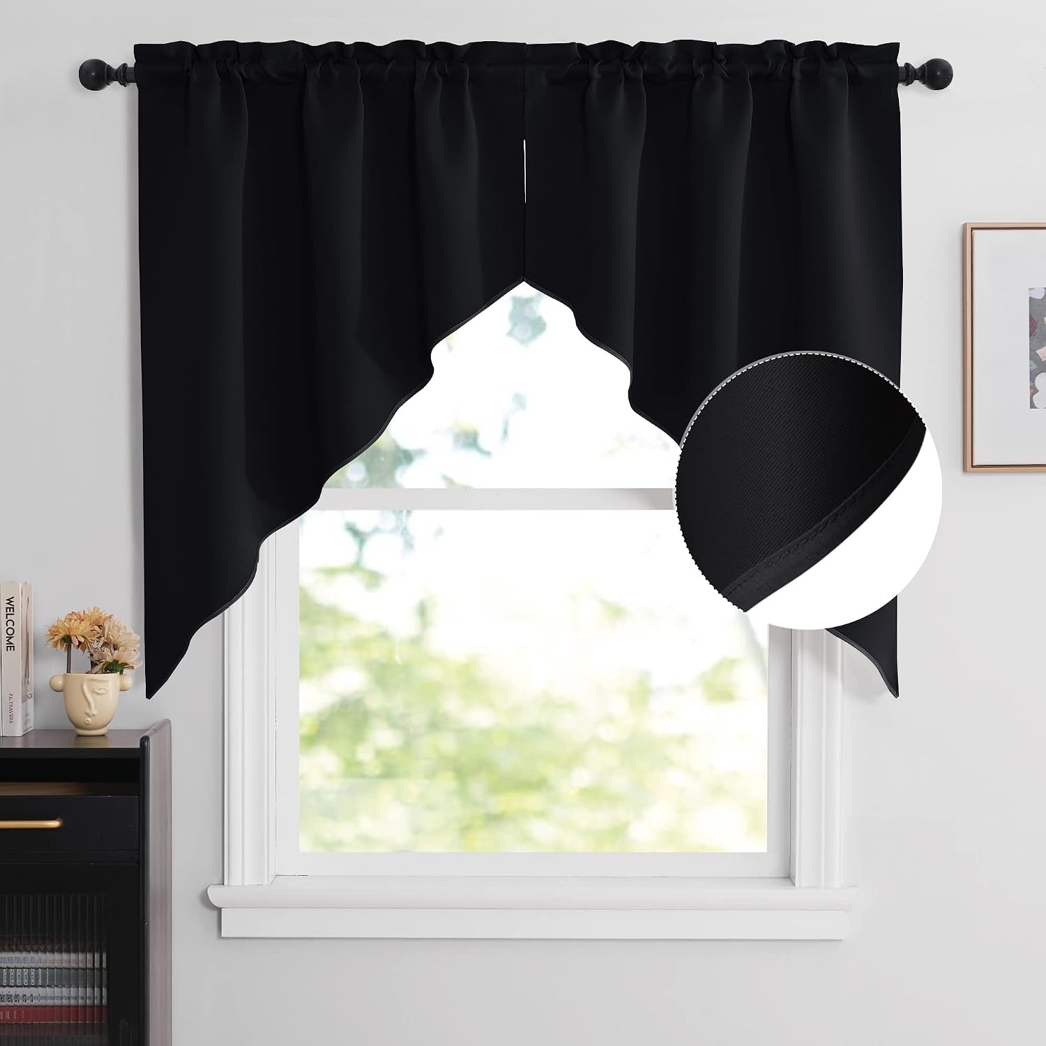 image:imageNICETOWN Blackout Window Treatment Pole Pocket Kitchen Tier Curtains Tailored Scalloped ValanceSwags for Living Room One Pair 36 Wide by 63inches Long Each Panel GreyBlack