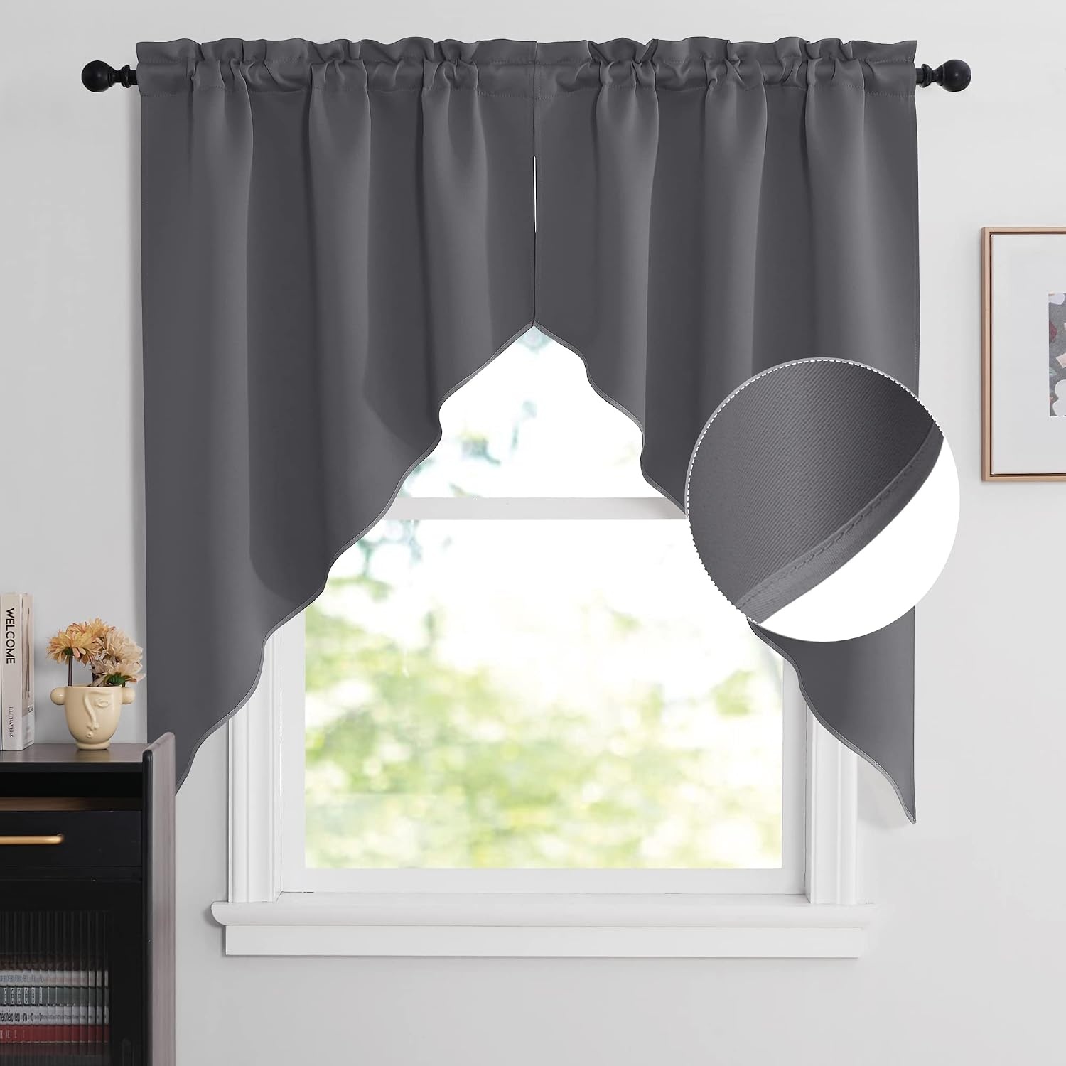 image:imageNICETOWN Blackout Window Treatment Pole Pocket Kitchen Tier Curtains Tailored Scalloped ValanceSwags for Living Room One Pair 36 Wide by 63inches Long Each Panel GreyGrey