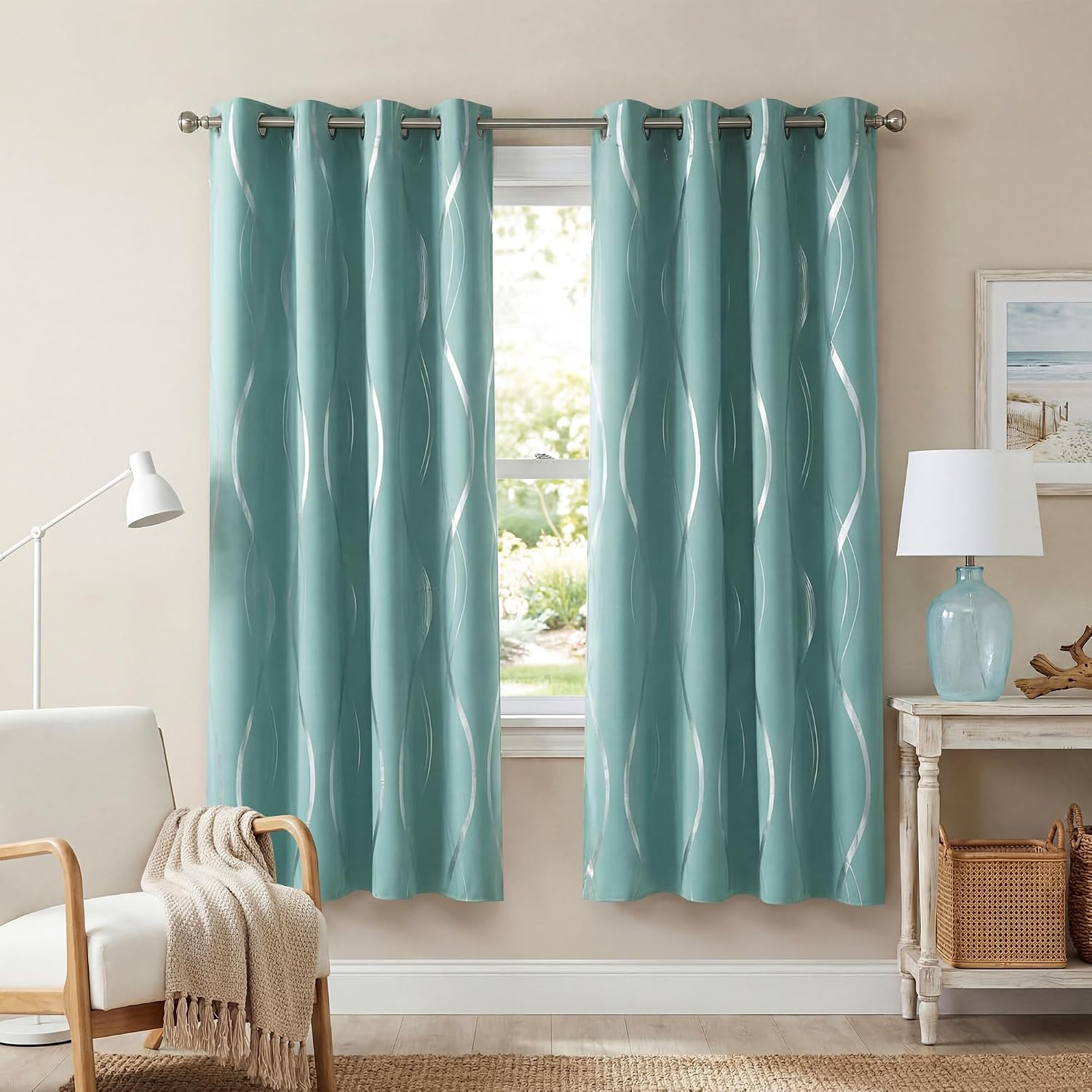 image:imageNICETOWN Grey Blackout Striped Pattern Curtains for Living Room 52 x 841 Aqua Blue