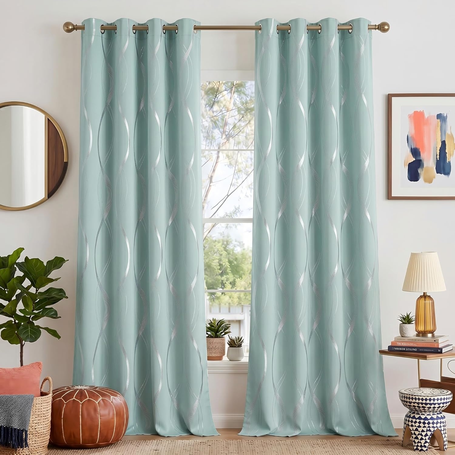 image:imageNICETOWN Grey Blackout Striped Pattern Curtains for Living Room 52 x 841 Aqua Blue