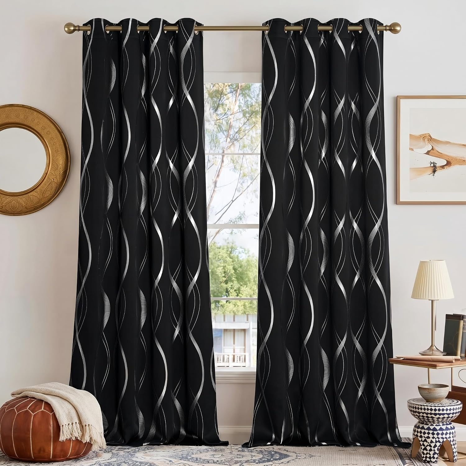 image:imageNICETOWN Grey Blackout Striped Pattern Curtains for Living Room 52 x 841 Black