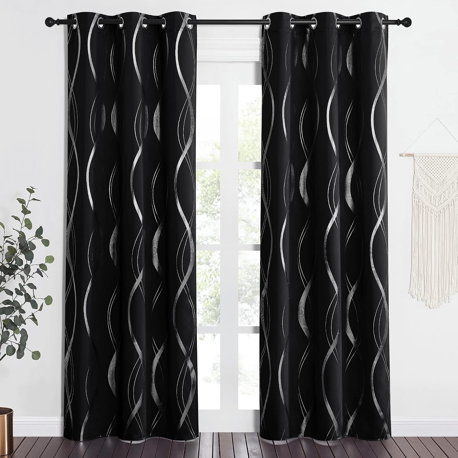image:imageNICETOWN Grey Blackout Striped Pattern Curtains for Living Room 52 x 841 Black