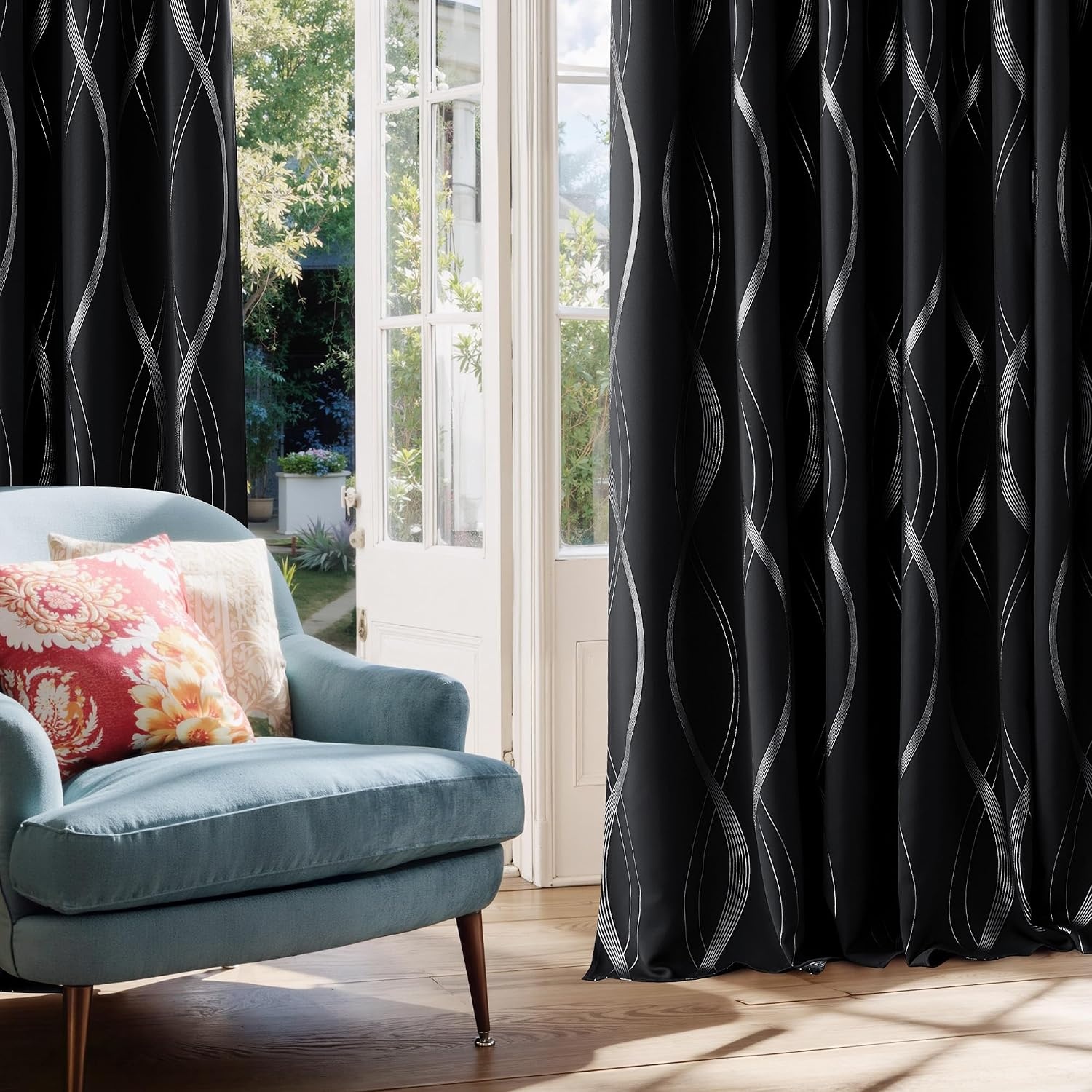 image:imageNICETOWN Grey Blackout Striped Pattern Curtains for Living Room 52 x 841 Black
