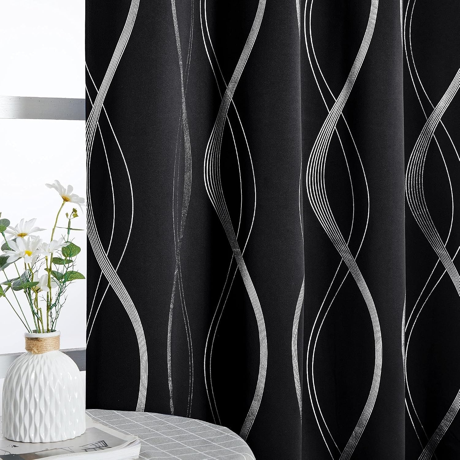 image:imageNICETOWN Grey Blackout Striped Pattern Curtains for Living Room 52 x 841 Black