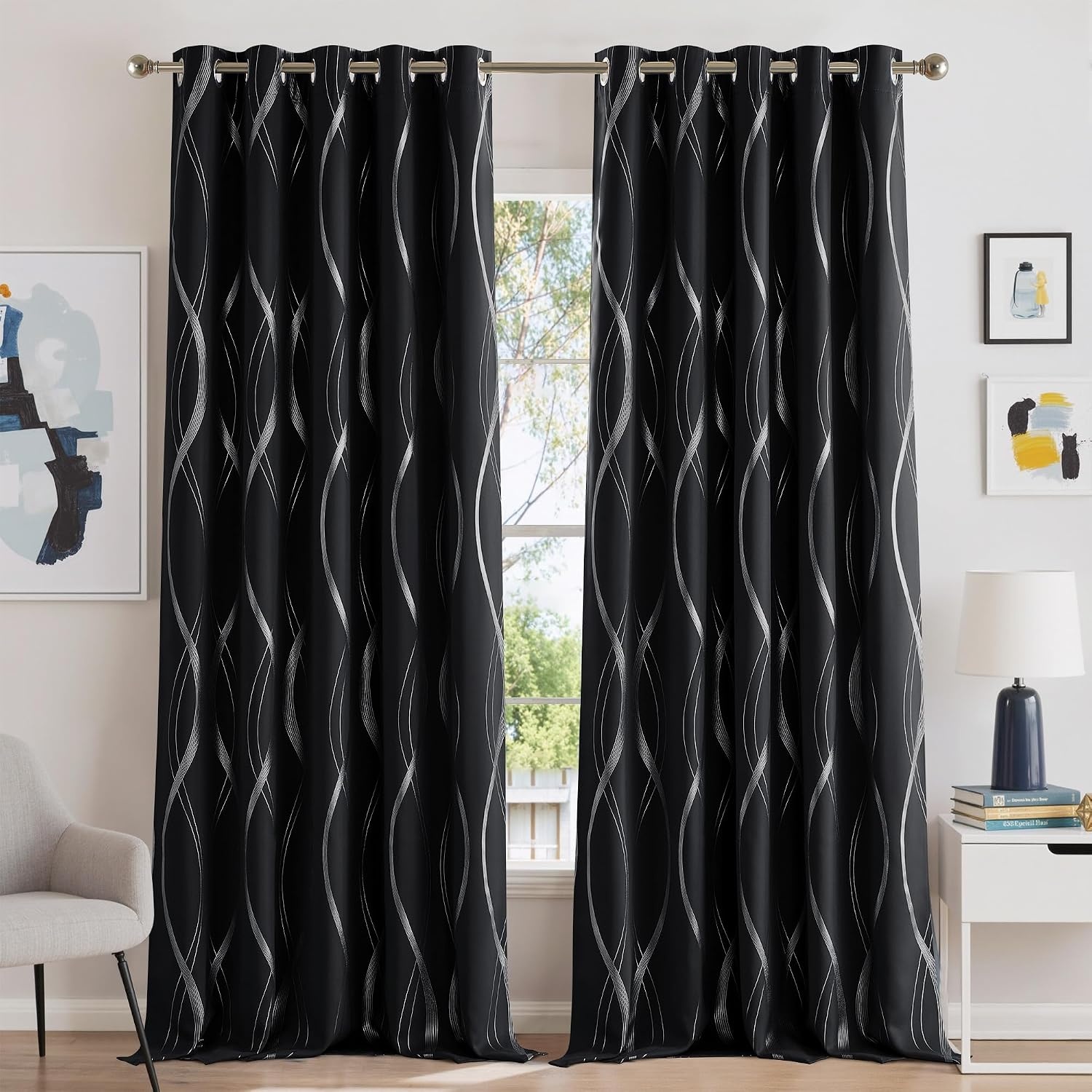 image:imageNICETOWN Grey Blackout Striped Pattern Curtains for Living Room 52 x 841 Black