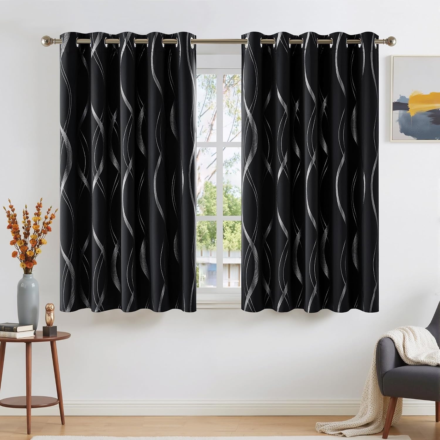 image:imageNICETOWN Grey Blackout Striped Pattern Curtains for Living Room 52 x 841 Black