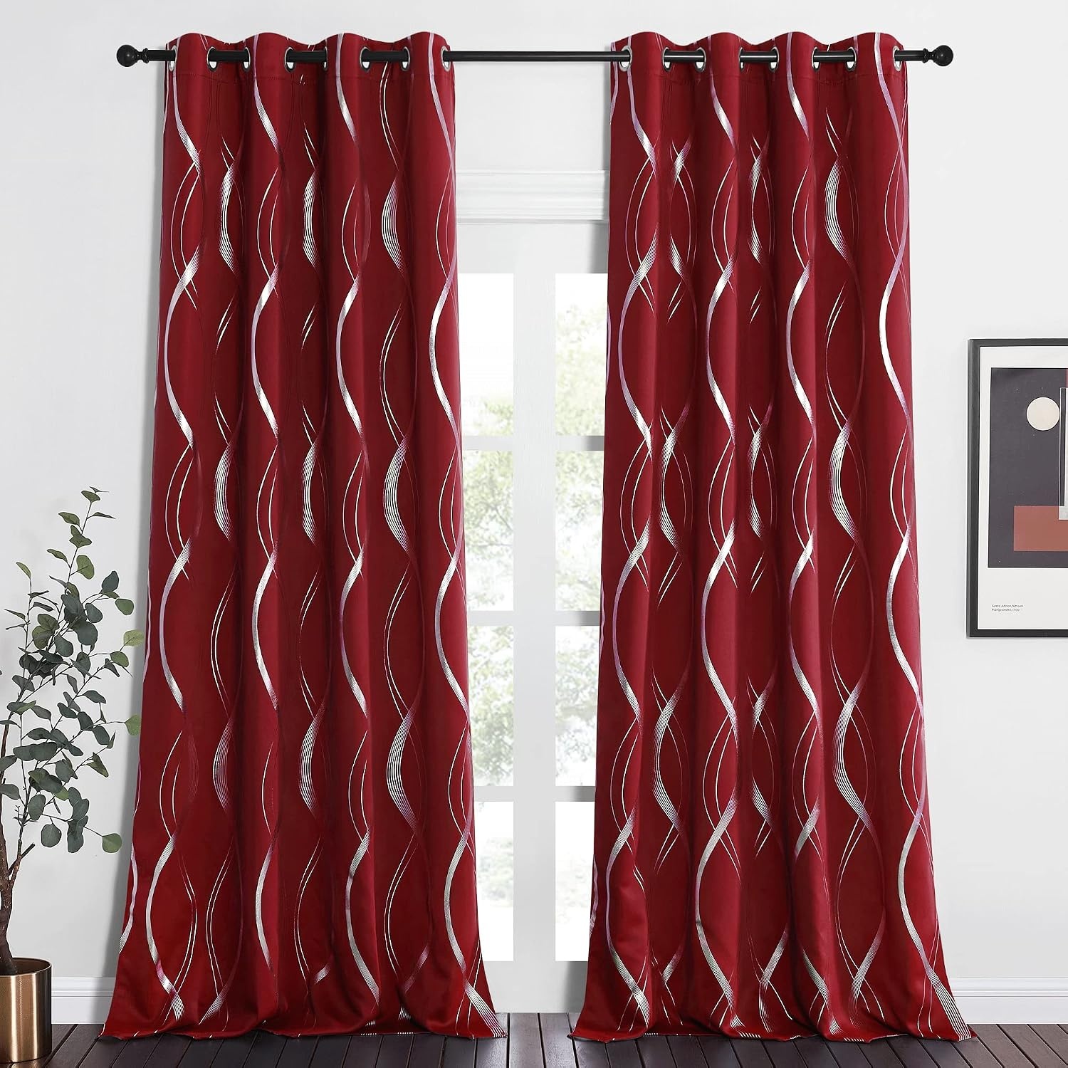 image:imageNICETOWN Grey Blackout Striped Pattern Curtains for Living Room 52 x 841 Burgundy Red