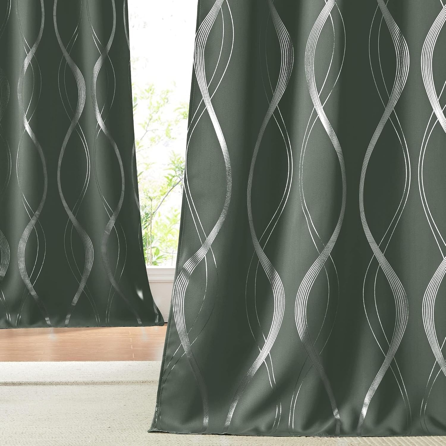image:imageNICETOWN Grey Blackout Striped Pattern Curtains for Living Room 52 x 841 Dark Mallard