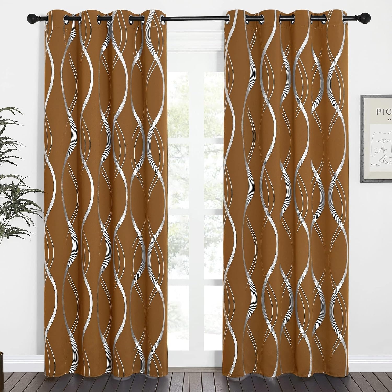 image:imageNICETOWN Grey Blackout Striped Pattern Curtains for Living Room 52 x 841 Gold Brown