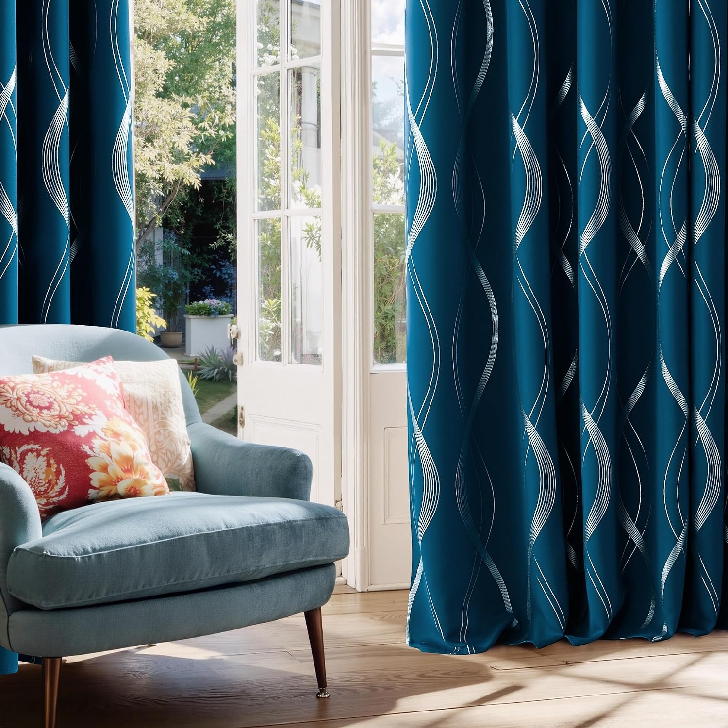 image:imageNICETOWN Grey Blackout Striped Pattern Curtains for Living Room 52 x 841 Moroccan Blue