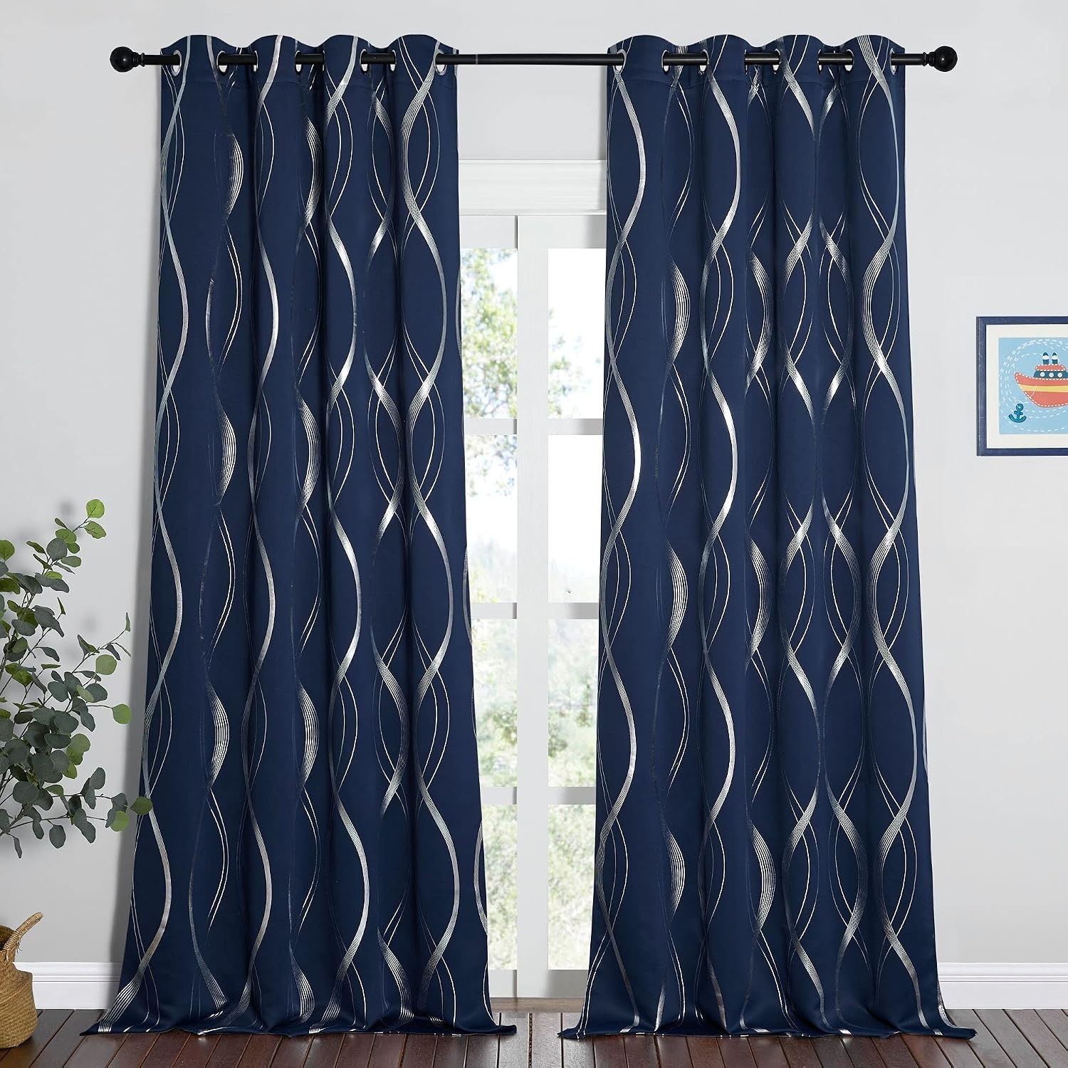 image:imageNICETOWN Grey Blackout Striped Pattern Curtains for Living Room 52 x 841 Navy