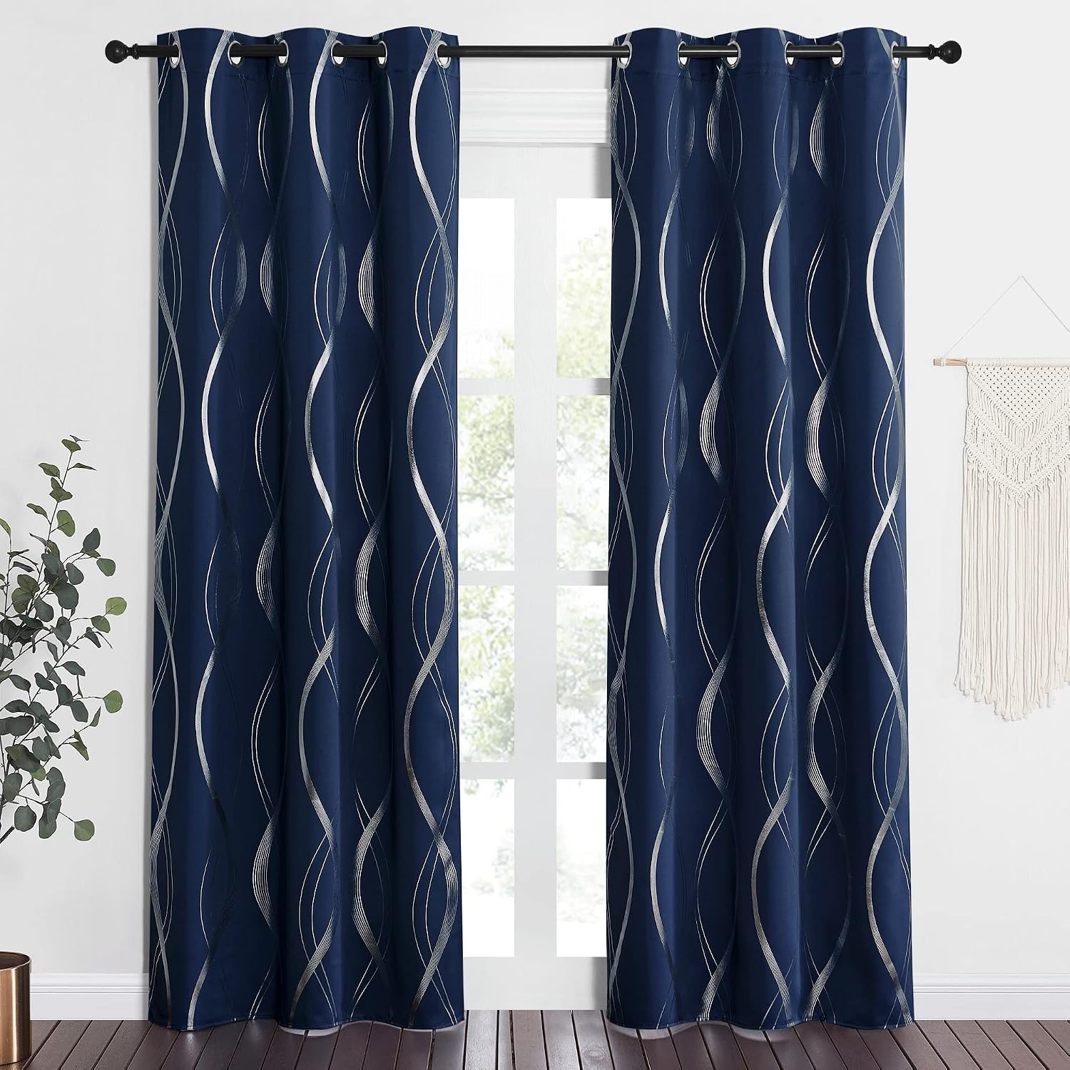 image:imageNICETOWN Grey Blackout Striped Pattern Curtains for Living Room 52 x 841 Navy