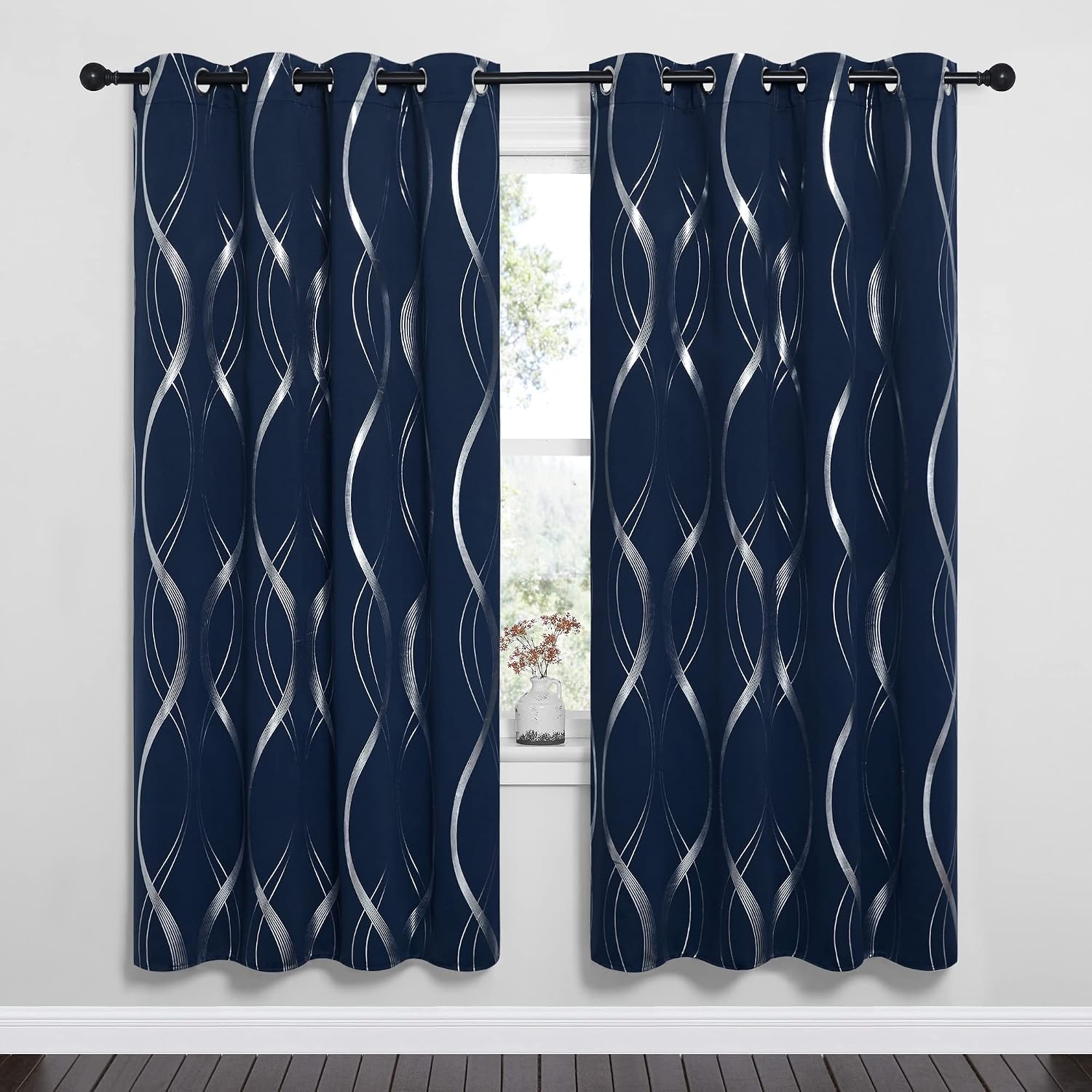 image:imageNICETOWN Grey Blackout Striped Pattern Curtains for Living Room 52 x 841 Navy