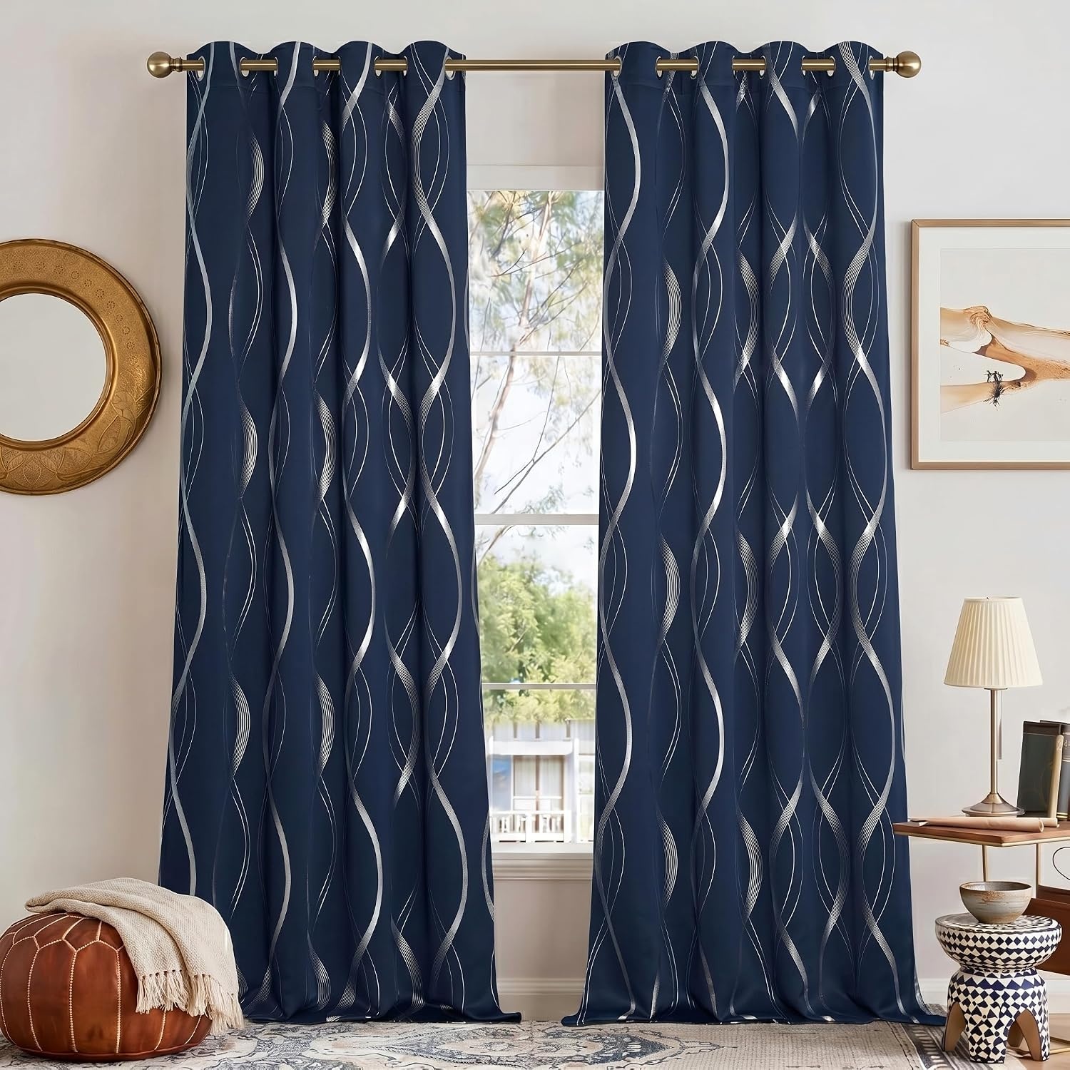 image:imageNICETOWN Grey Blackout Striped Pattern Curtains for Living Room 52 x 841 Navy