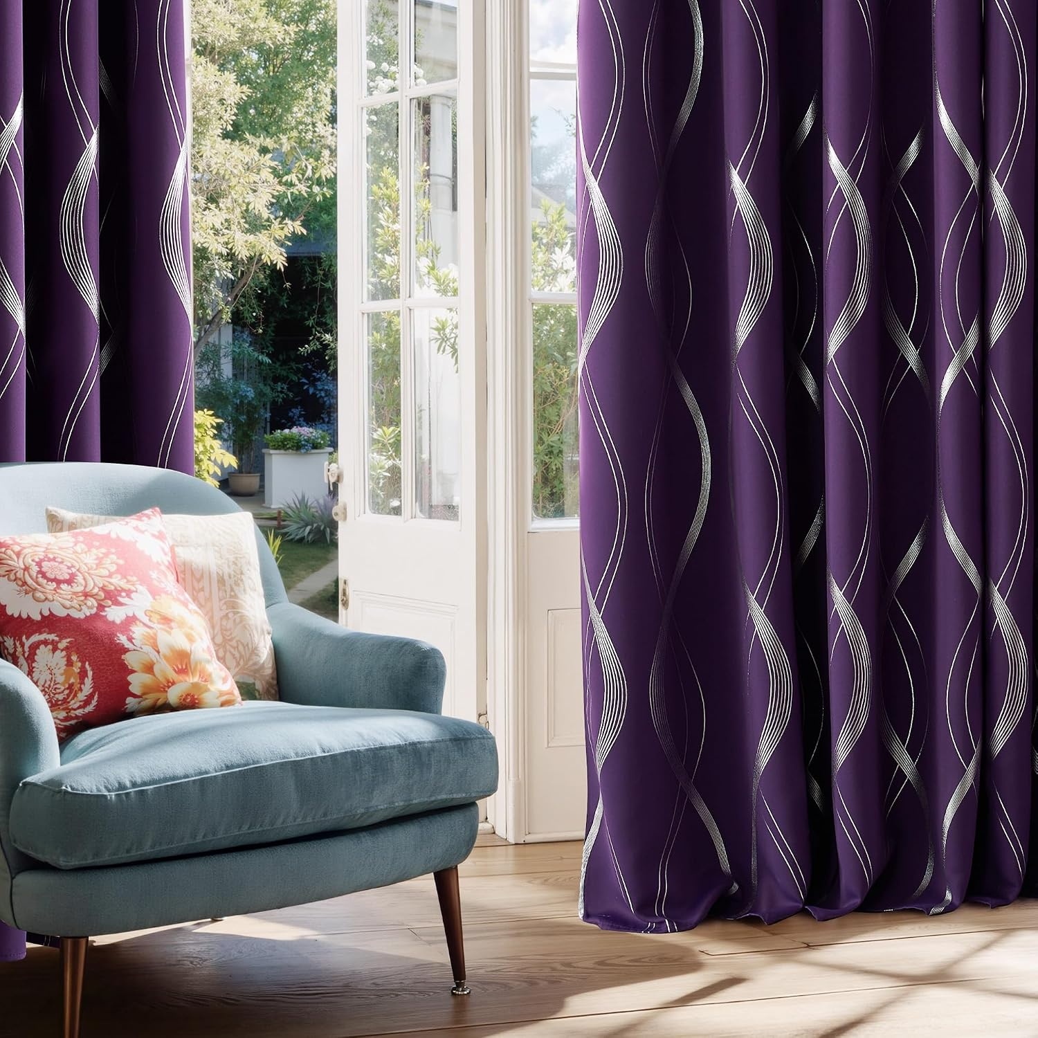 image:imageNICETOWN Grey Blackout Striped Pattern Curtains for Living Room 52 x 841 Royal Purple