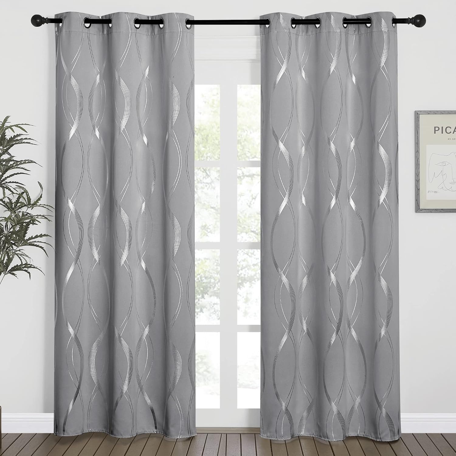image:imageNICETOWN Grey Blackout Striped Pattern Curtains for Living Room 52 x 841 Silver Grey