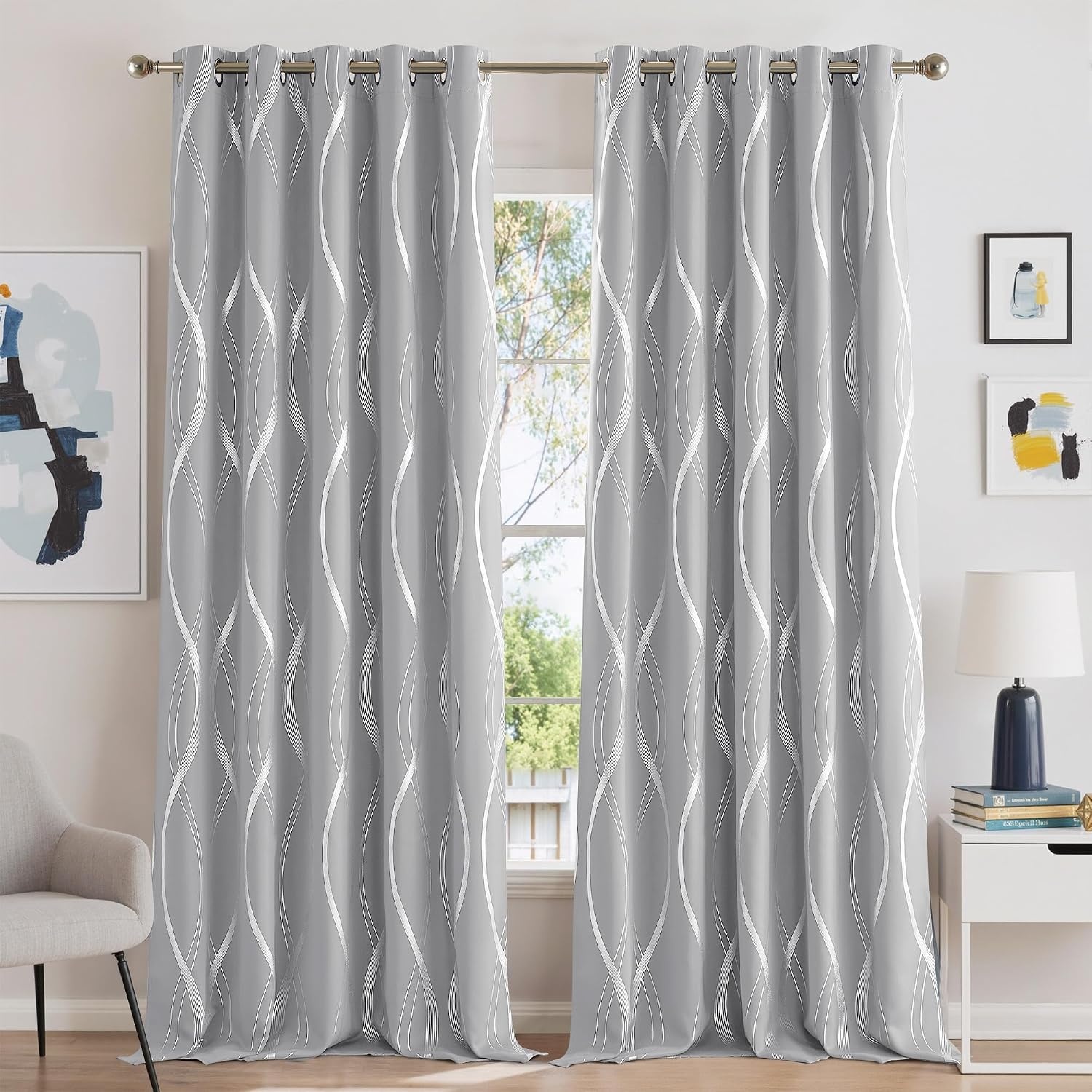 image:imageNICETOWN Grey Blackout Striped Pattern Curtains for Living Room 52 x 841 Silver Grey