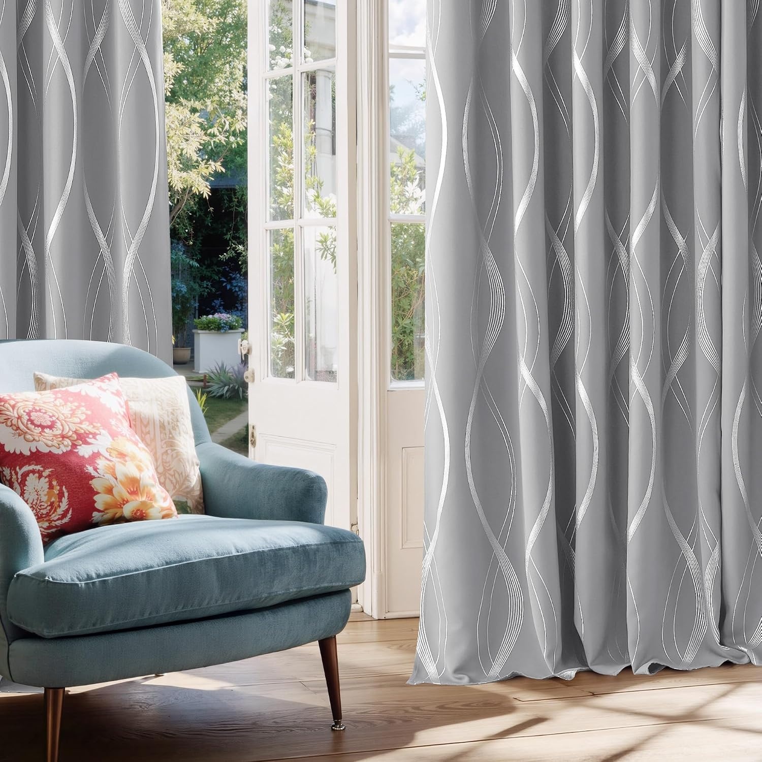 image:imageNICETOWN Grey Blackout Striped Pattern Curtains for Living Room 52 x 841 Silver Grey