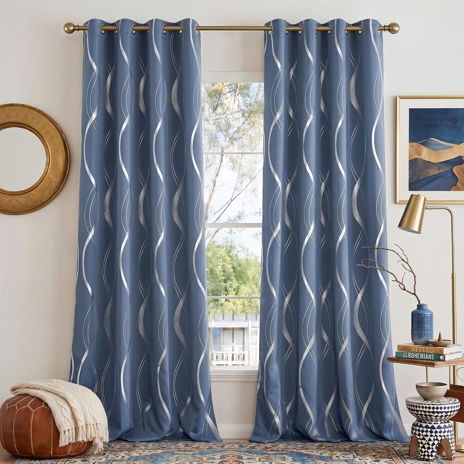 image:imageNICETOWN Grey Blackout Striped Pattern Curtains for Living Room 52 x 841 Stone Blue