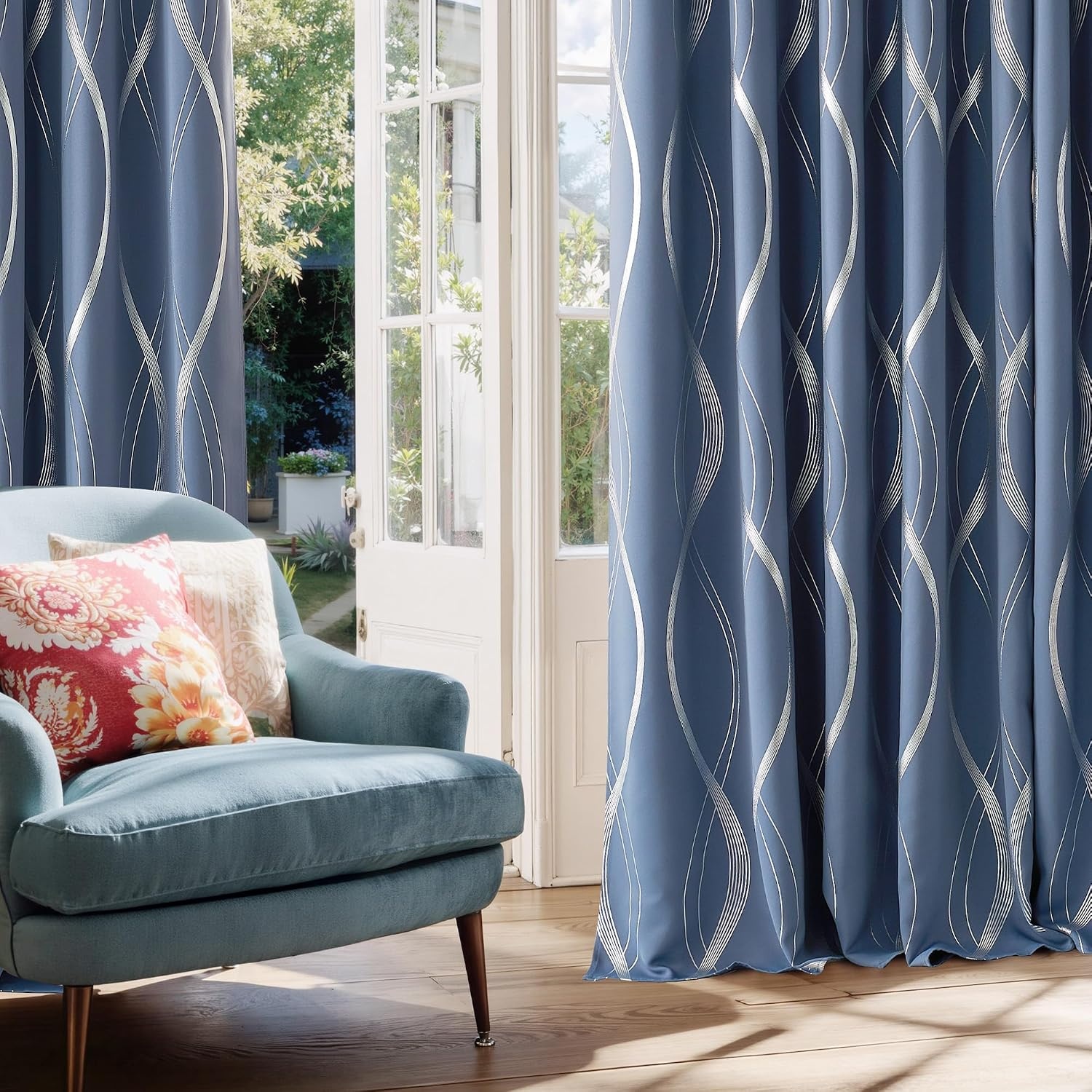image:imageNICETOWN Grey Blackout Striped Pattern Curtains for Living Room 52 x 841 Stone Blue