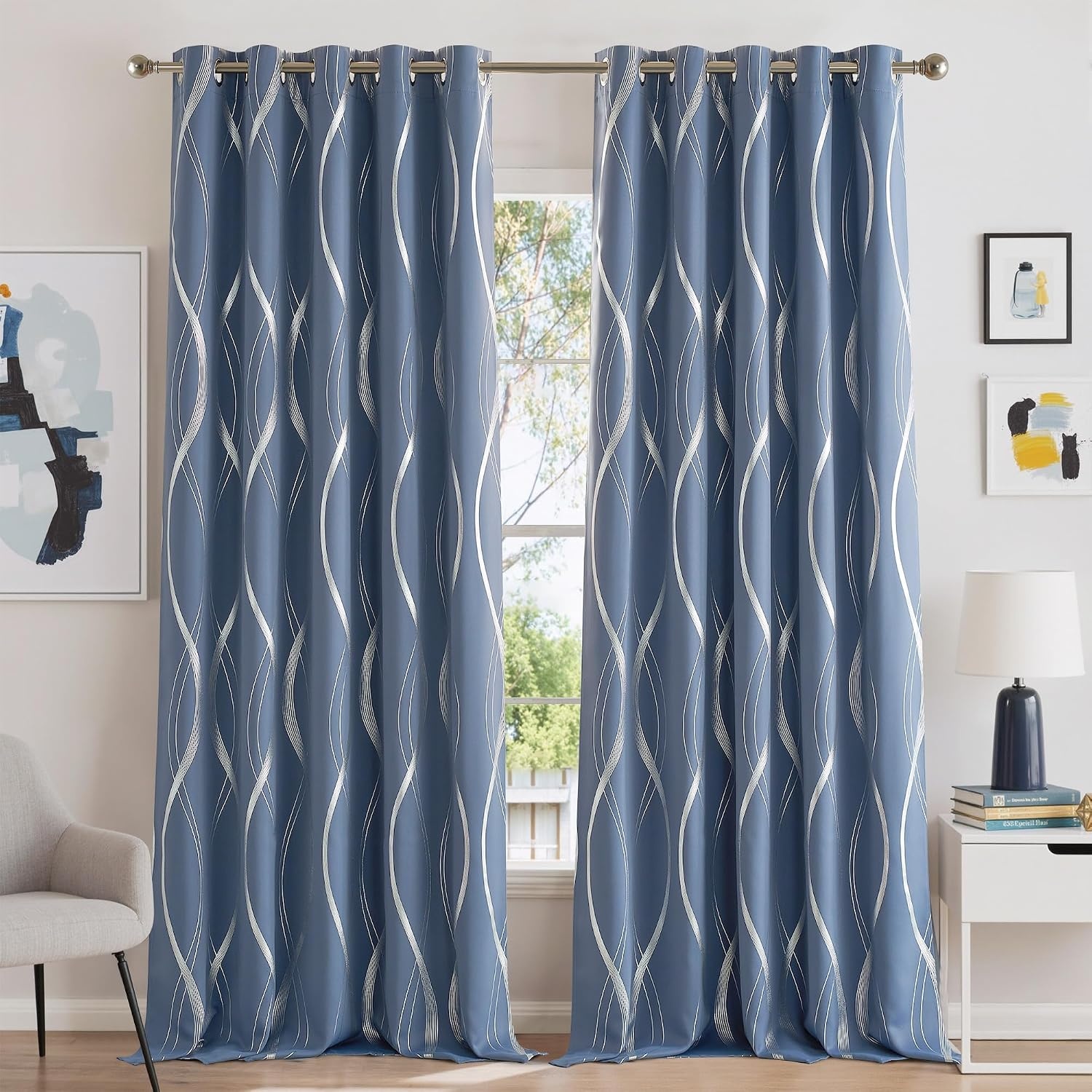 image:imageNICETOWN Grey Blackout Striped Pattern Curtains for Living Room 52 x 841 Stone Blue