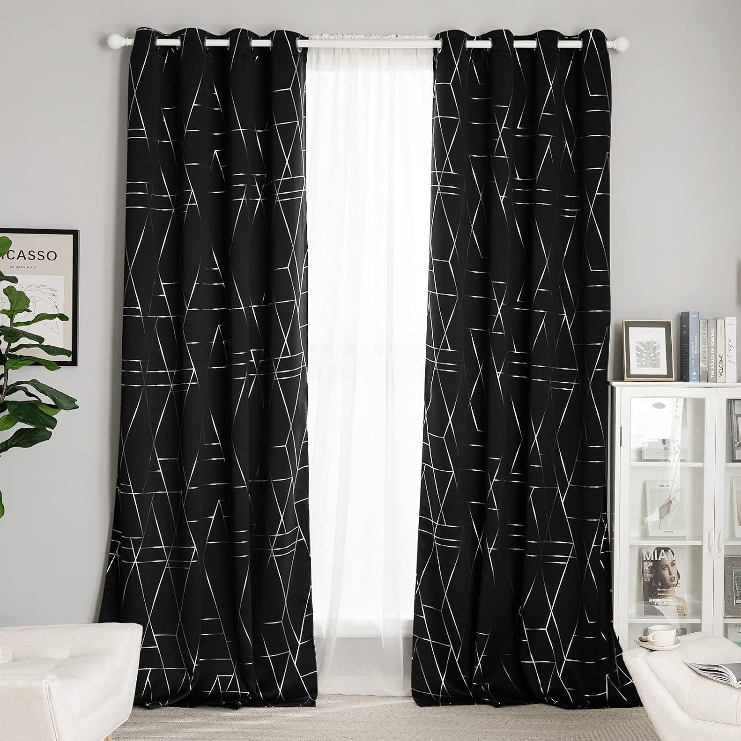 image:imageNICETOWN Grey Blackout Striped Pattern Curtains for Living Room 52 x 842 Black