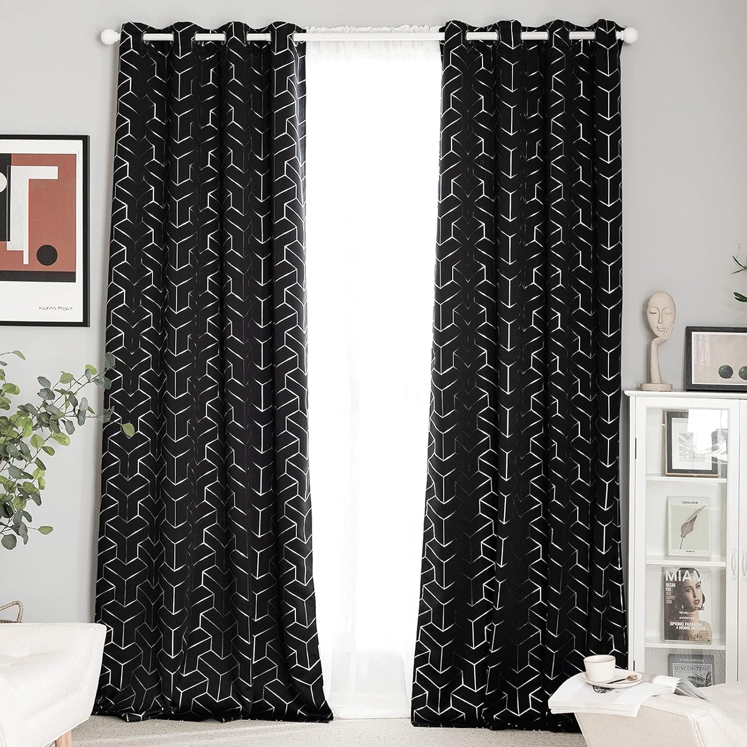 image:imageNICETOWN Grey Blackout Striped Pattern Curtains for Living Room 52 x 843 Black