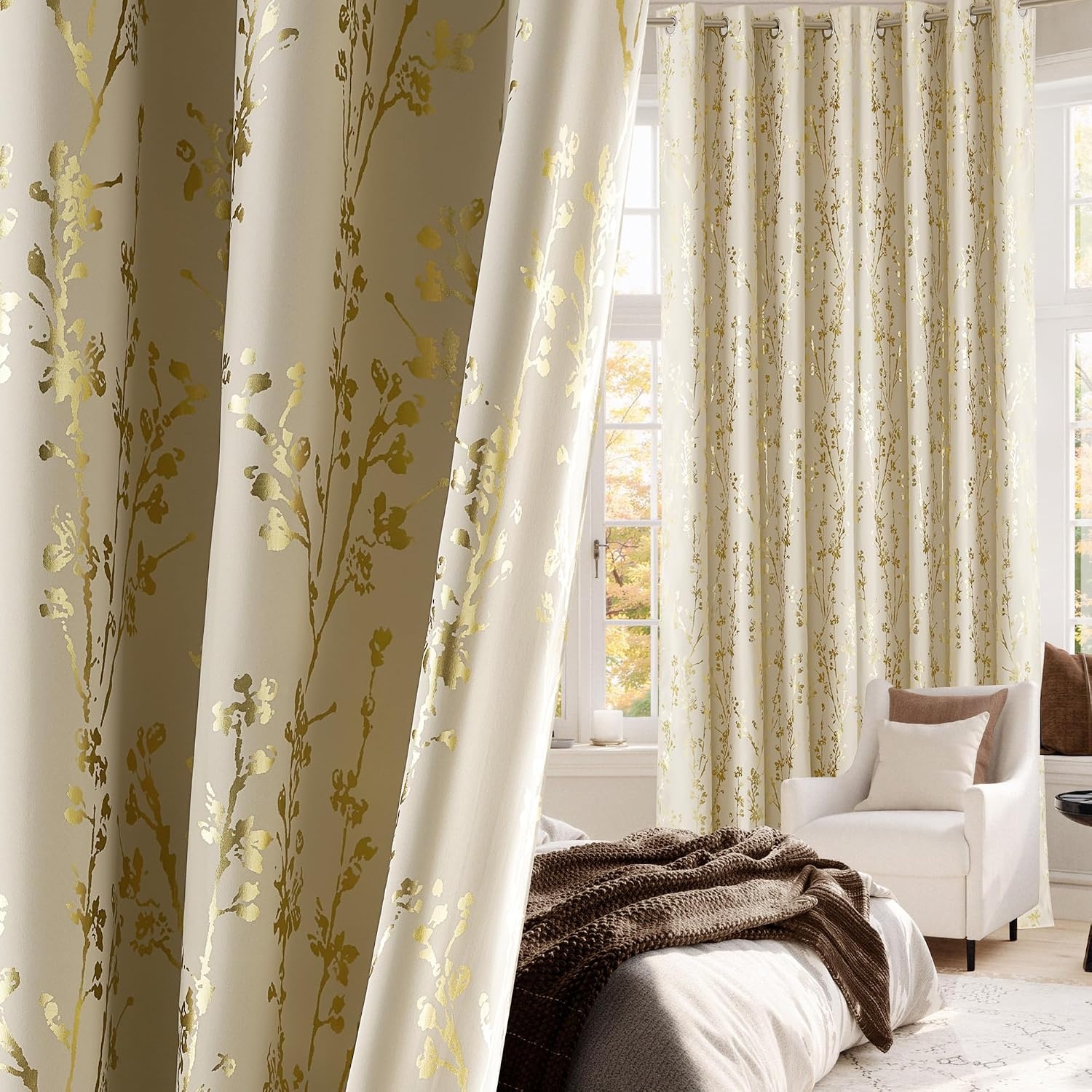 image:imageNICETOWN Grey Blackout Striped Pattern Curtains for Living Room 52 x 84Branch100 Blackout Beige