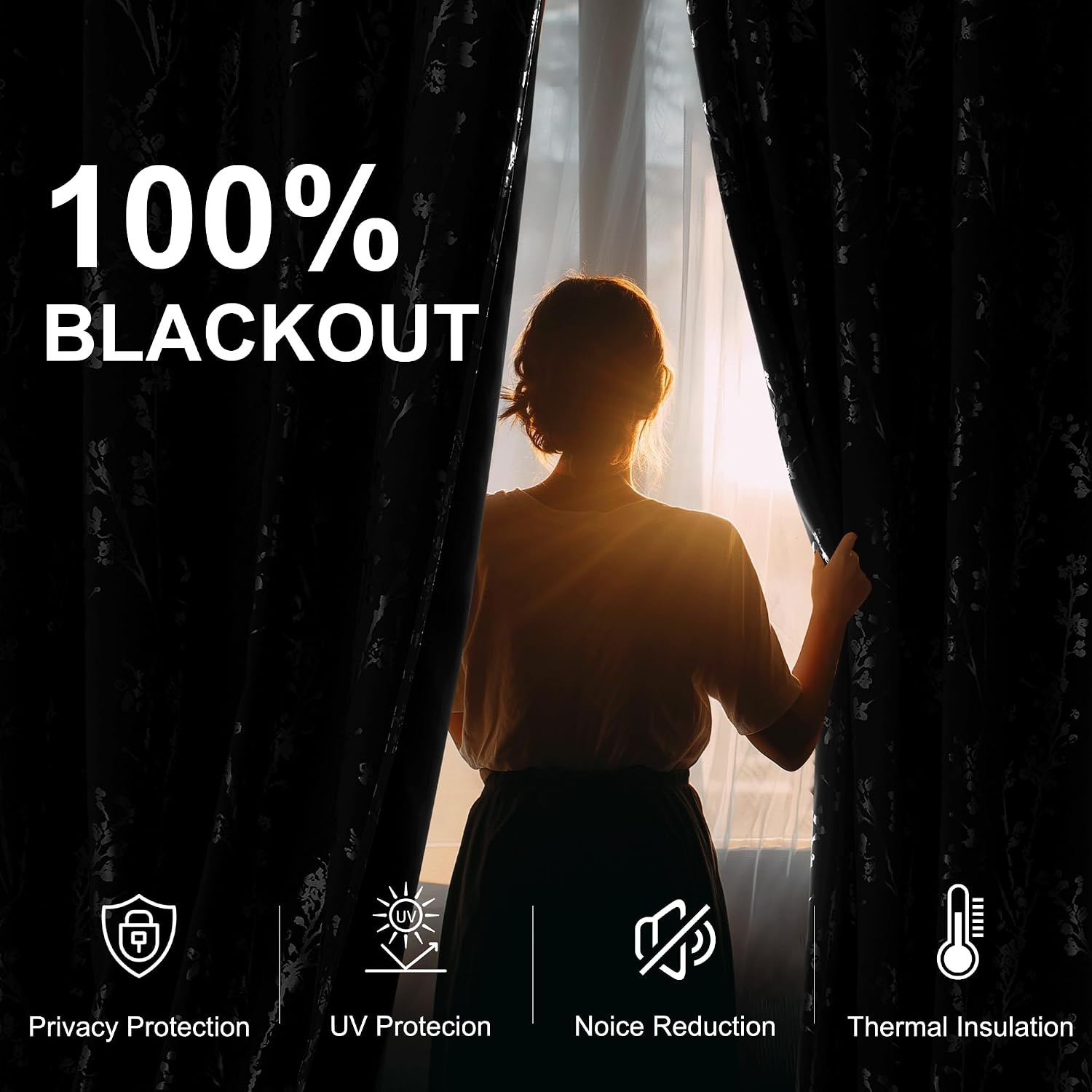 image:imageNICETOWN Grey Blackout Striped Pattern Curtains for Living Room 52 x 84Branch100 Blackout Black
