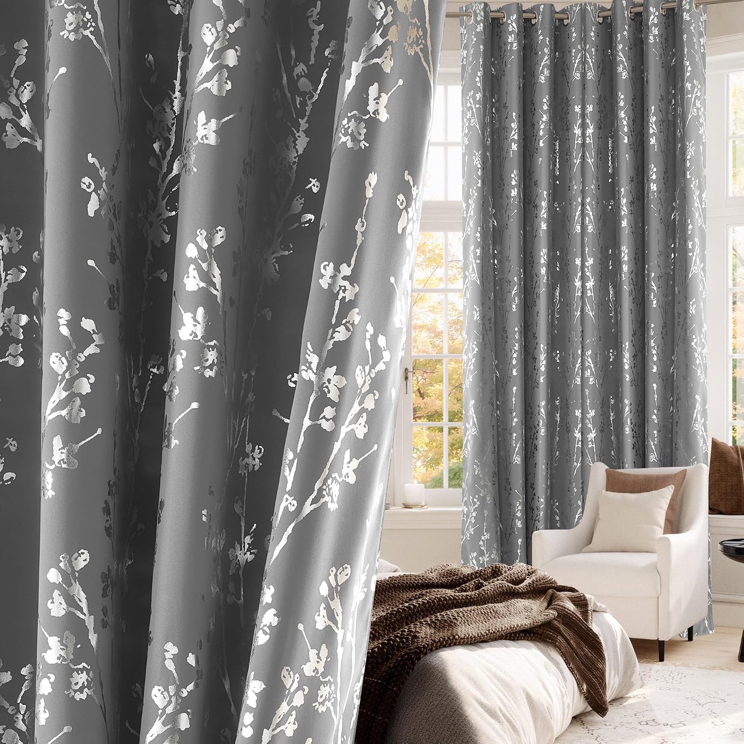 image:imageNICETOWN Grey Blackout Striped Pattern Curtains for Living Room 52 x 84Branch100 Blackout Silver Grey
