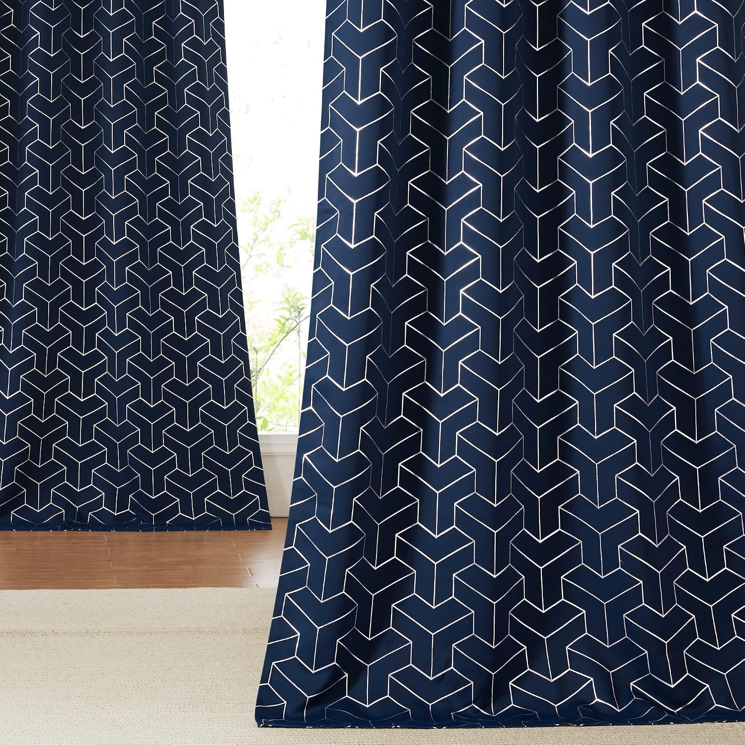 image:imageNICETOWN Grey Blackout Striped Pattern Curtains for Living Room 52 x 84Navy