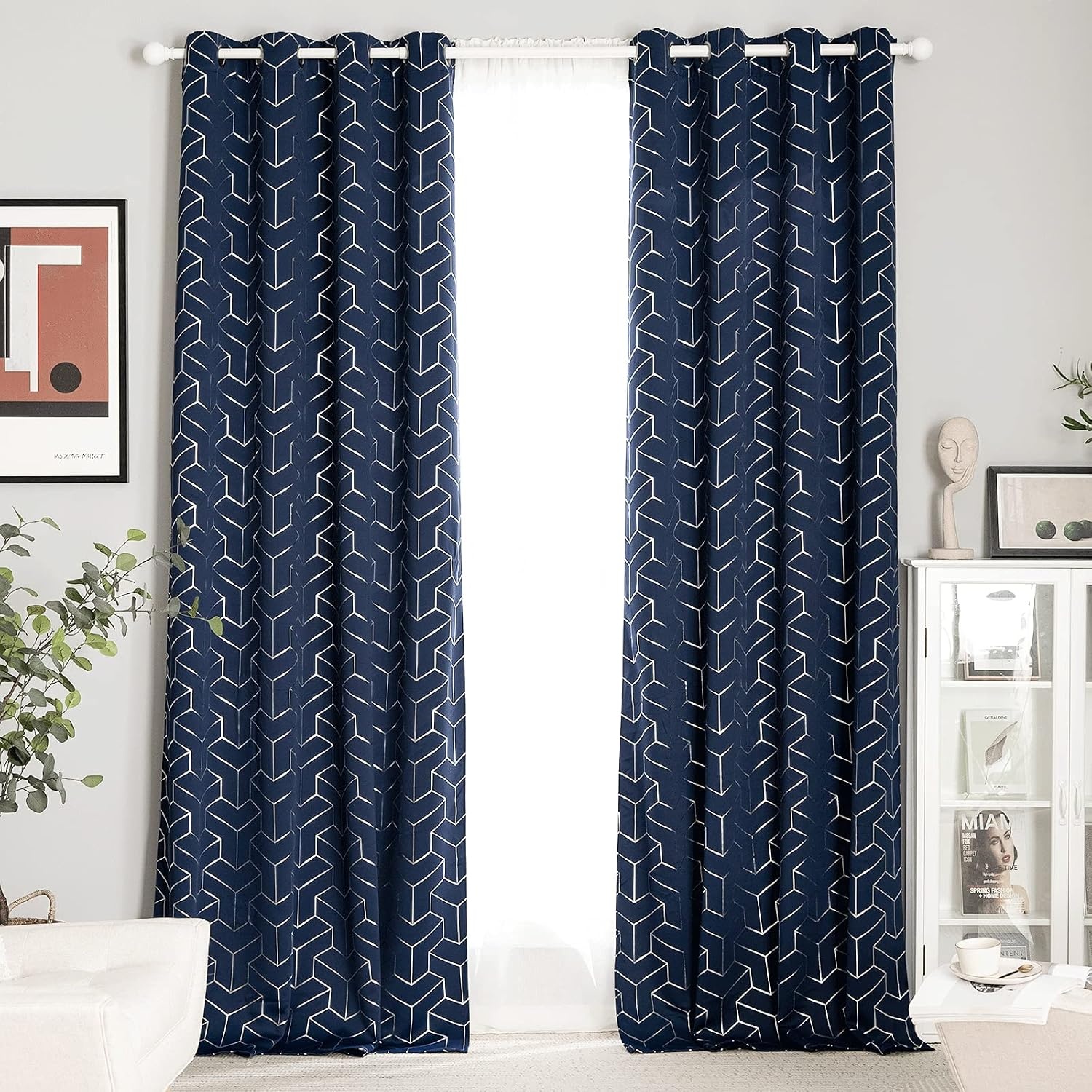 image:imageNICETOWN Grey Blackout Striped Pattern Curtains for Living Room 52 x 84Navy
