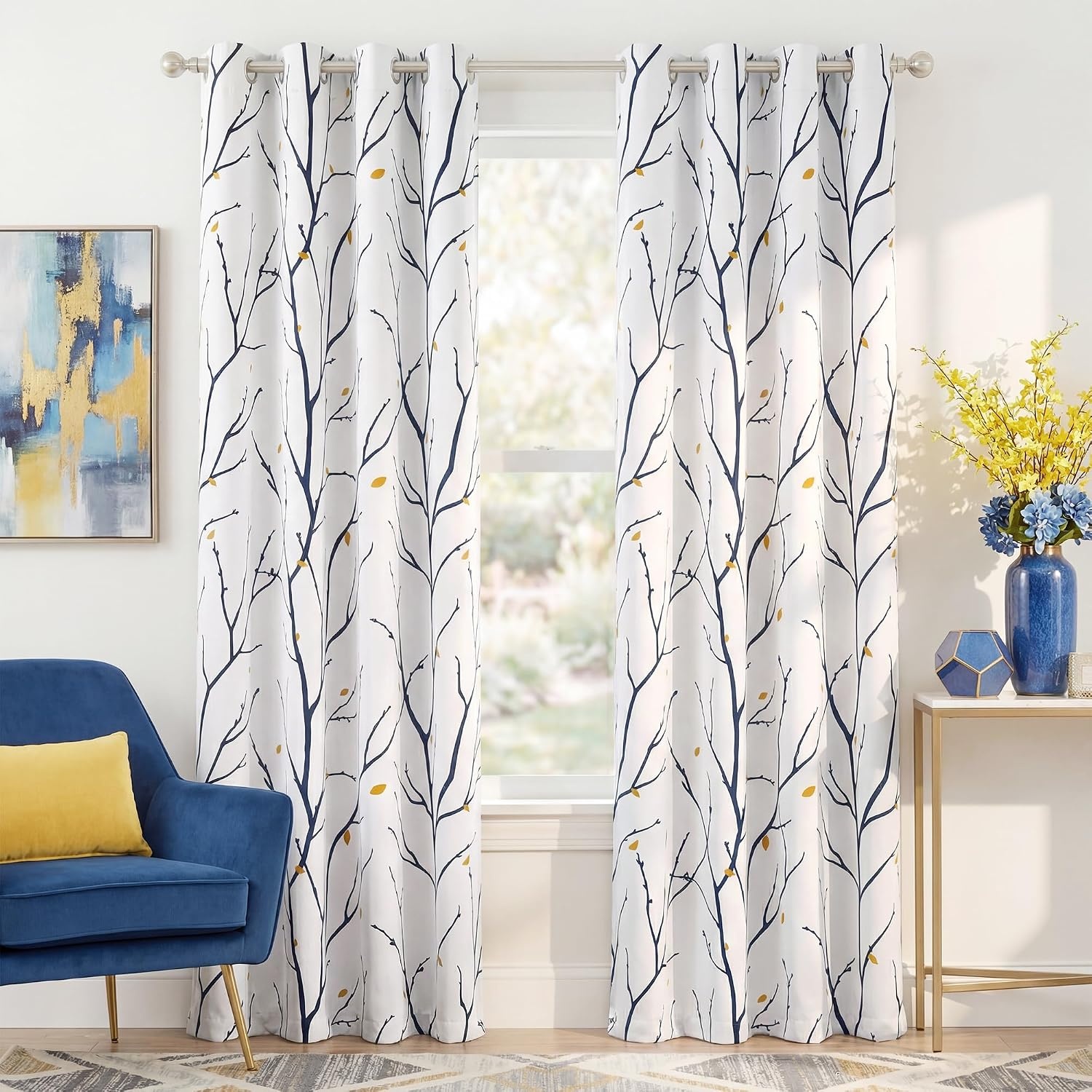 image:imageNICETOWN Grey Blackout Striped Pattern Curtains for Living Room 52 x 84Whitenavy