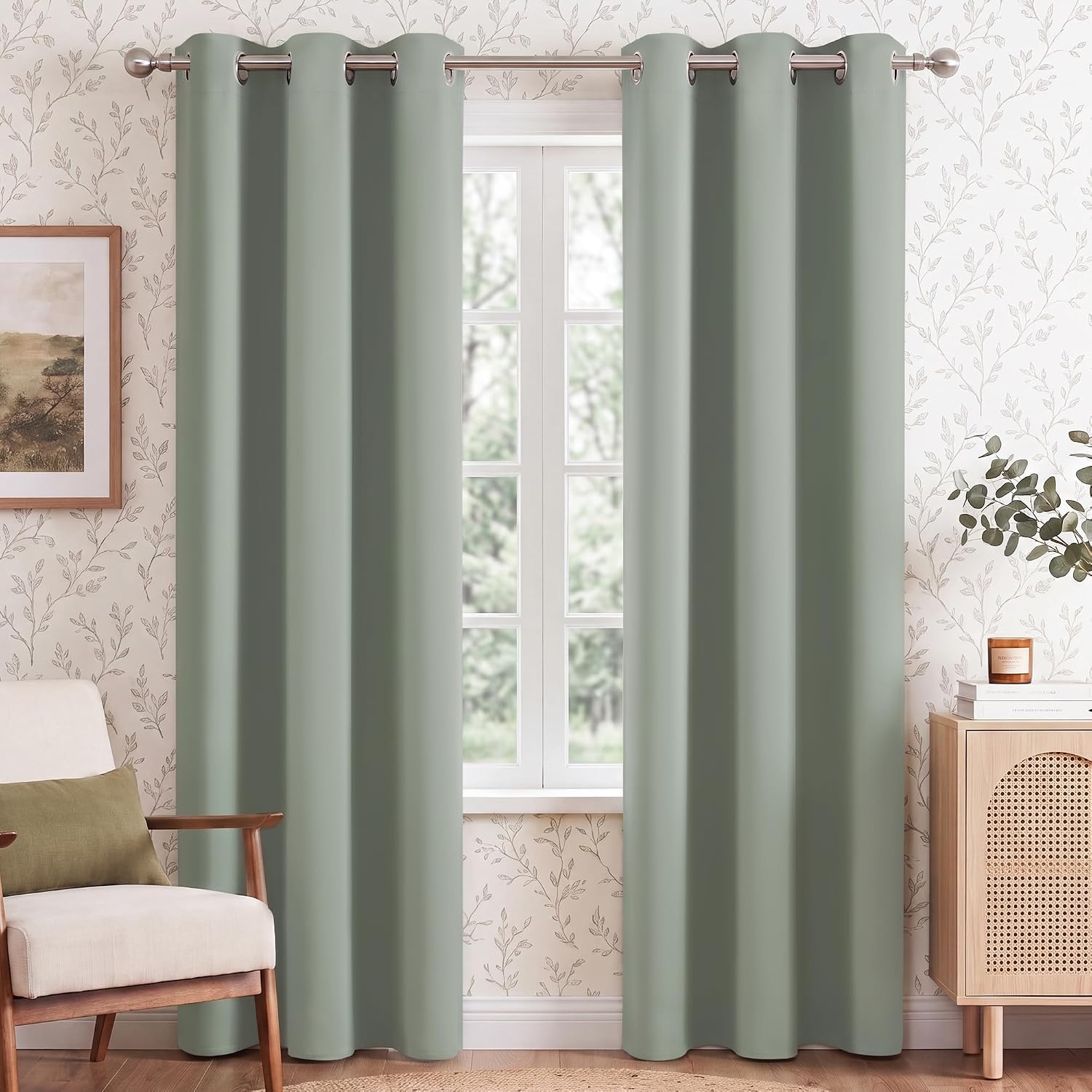 image:imageNICETOWN Grey Light Blocking Curtains 96 Inches Long 2 Panels for Living Room Bedroom Office Thermal Insulated Blackout Drapes Solid Grommet Noise Reducing Window Curtains W40Sage Green