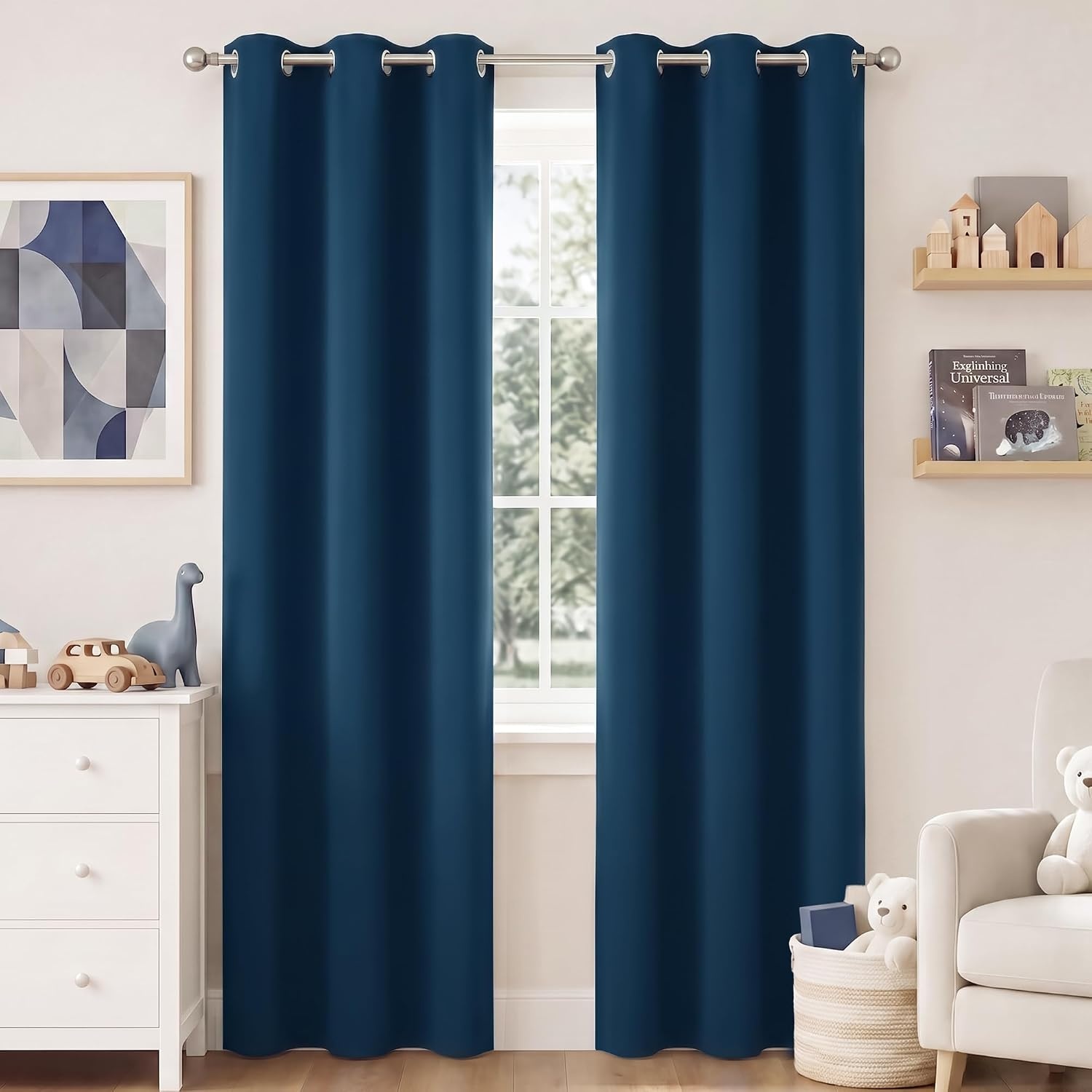 image:imageNICETOWN Grey Light Blocking Curtains 96 Inches Long 2 Panels for Living Room Bedroom Office Thermal Insulated Blackout Drapes Solid Grommet Noise Reducing Window Curtains W40Morrocan Blue