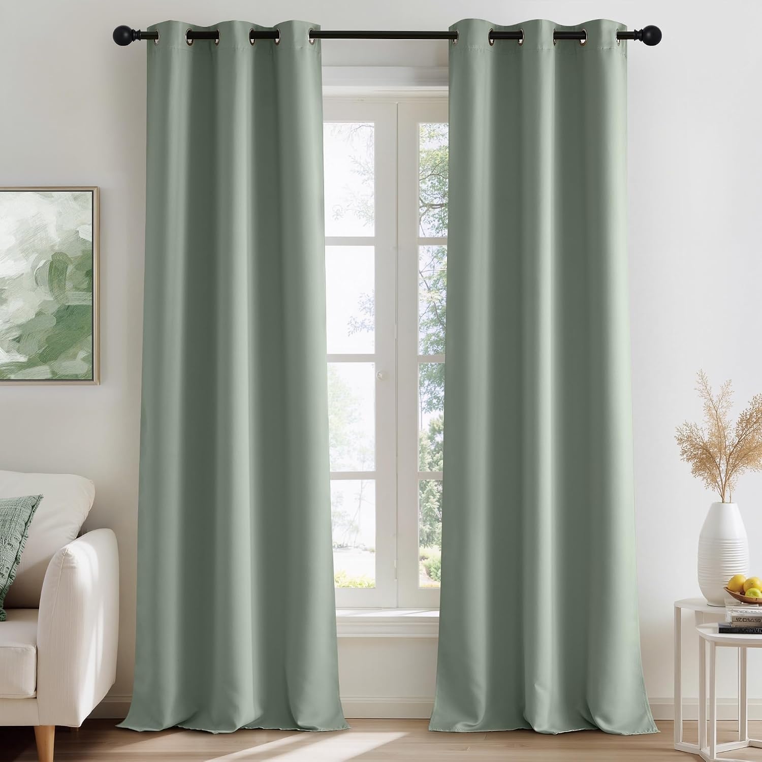 image:imageNICETOWN Grey Light Blocking Curtains 96 Inches Long 2 Panels for Living Room Bedroom Office Thermal Insulated Blackout Drapes Solid Grommet Noise Reducing Window Curtains W40Sage Green