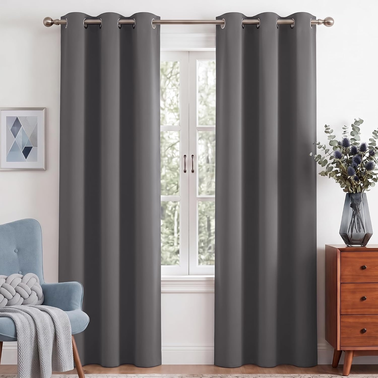 image:imageNICETOWN Grey Light Blocking Curtains 96 Inches Long 2 Panels for Living Room Bedroom Office Thermal Insulated Blackout Drapes Solid Grommet Noise Reducing Window Curtains W40Grey