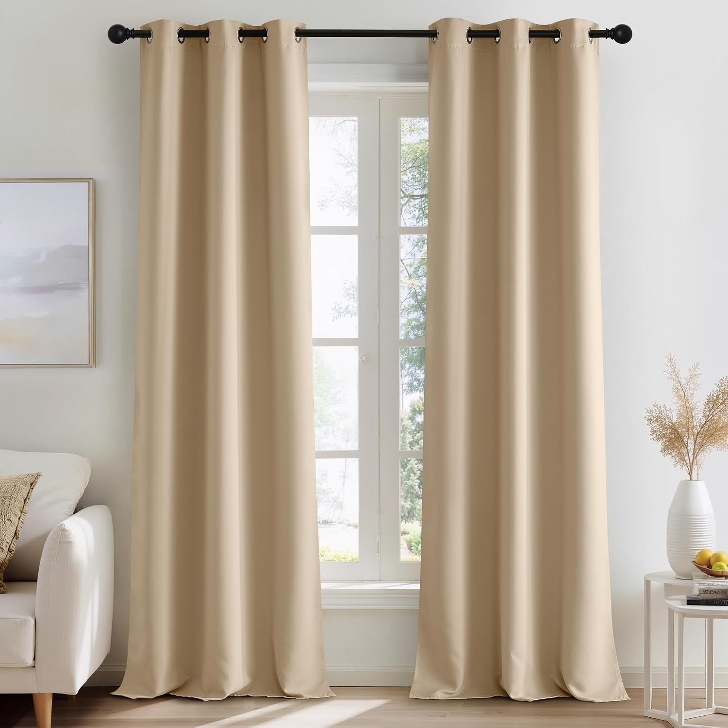 image:imageNICETOWN Grey Light Blocking Curtains 96 Inches Long 2 Panels for Living Room Bedroom Office Thermal Insulated Blackout Drapes Solid Grommet Noise Reducing Window Curtains W40Biscotti Beige