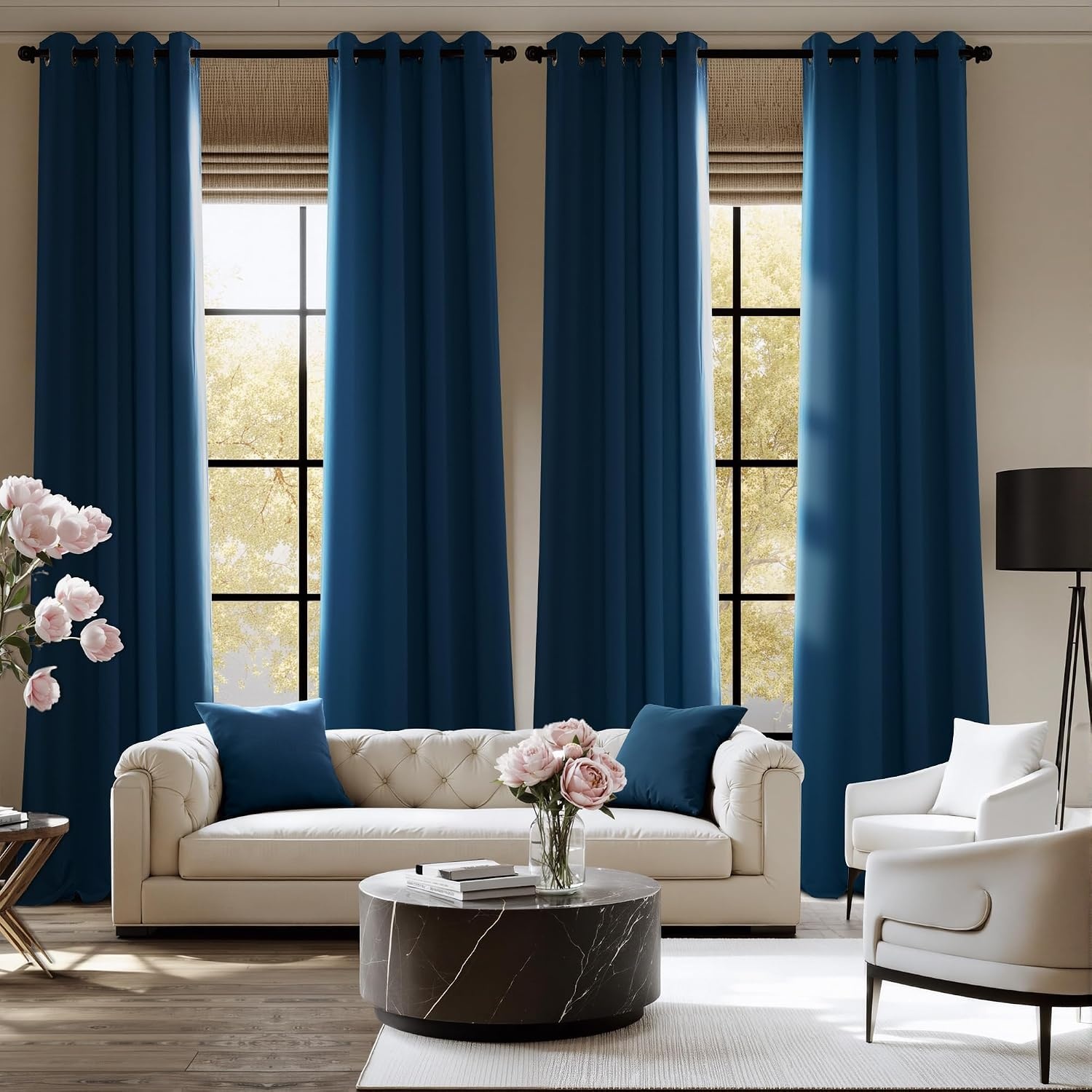 image:imageNICETOWN Grey Light Blocking Curtains 96 Inches Long 2 Panels for Living Room Bedroom Office Thermal Insulated Blackout Drapes Solid Grommet Noise Reducing Window Curtains W40Morrocan Blue