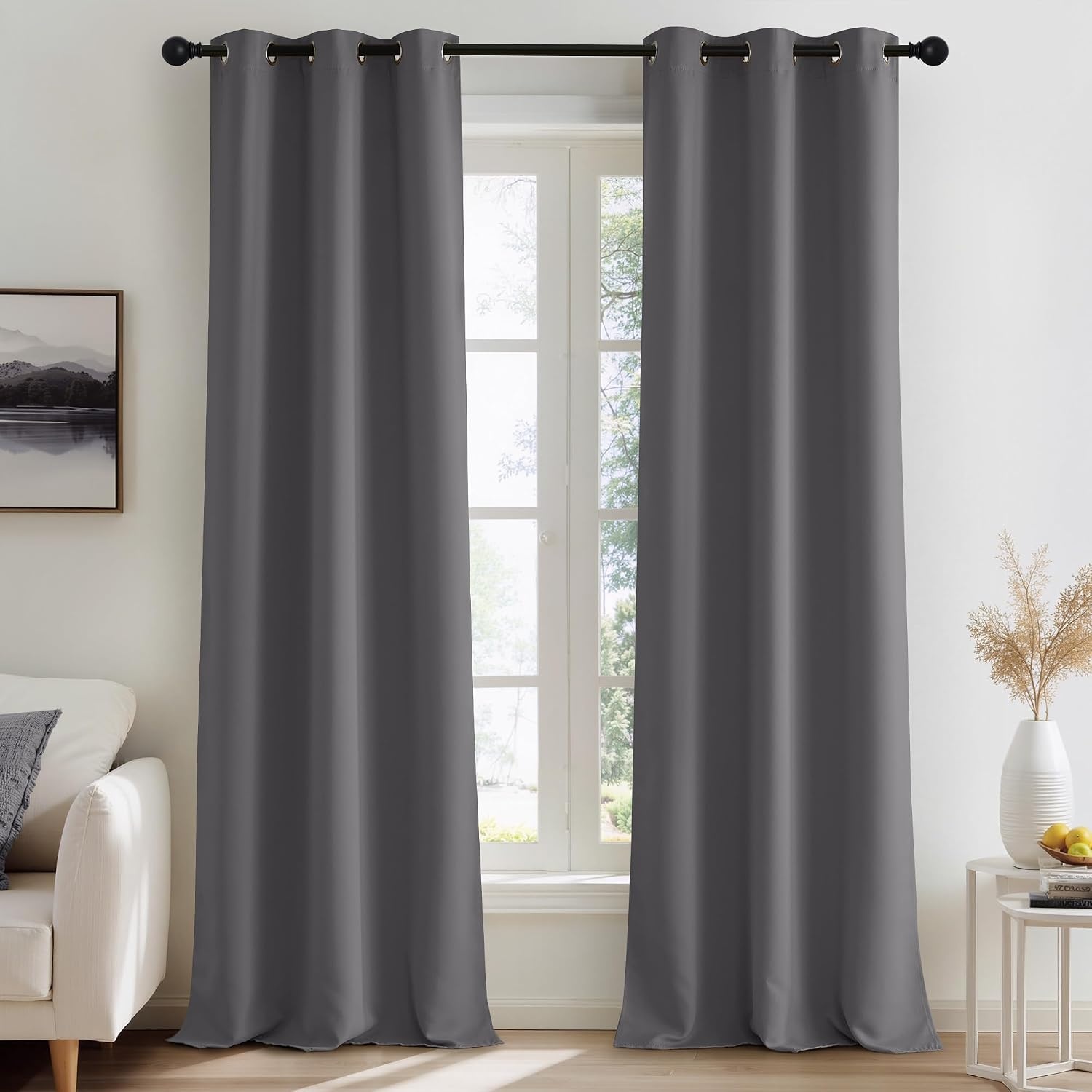 image:imageNICETOWN Grey Light Blocking Curtains 96 Inches Long 2 Panels for Living Room Bedroom Office Thermal Insulated Blackout Drapes Solid Grommet Noise Reducing Window Curtains W40Grey